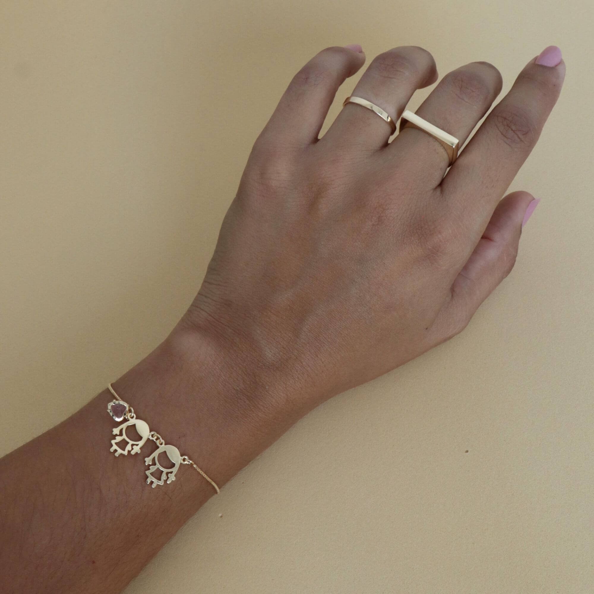 Pulseira Folheado a Ouro 18k Regulável Duas Filhas e Coração Zircônia Rosa Ouro 18k/Rosa 2