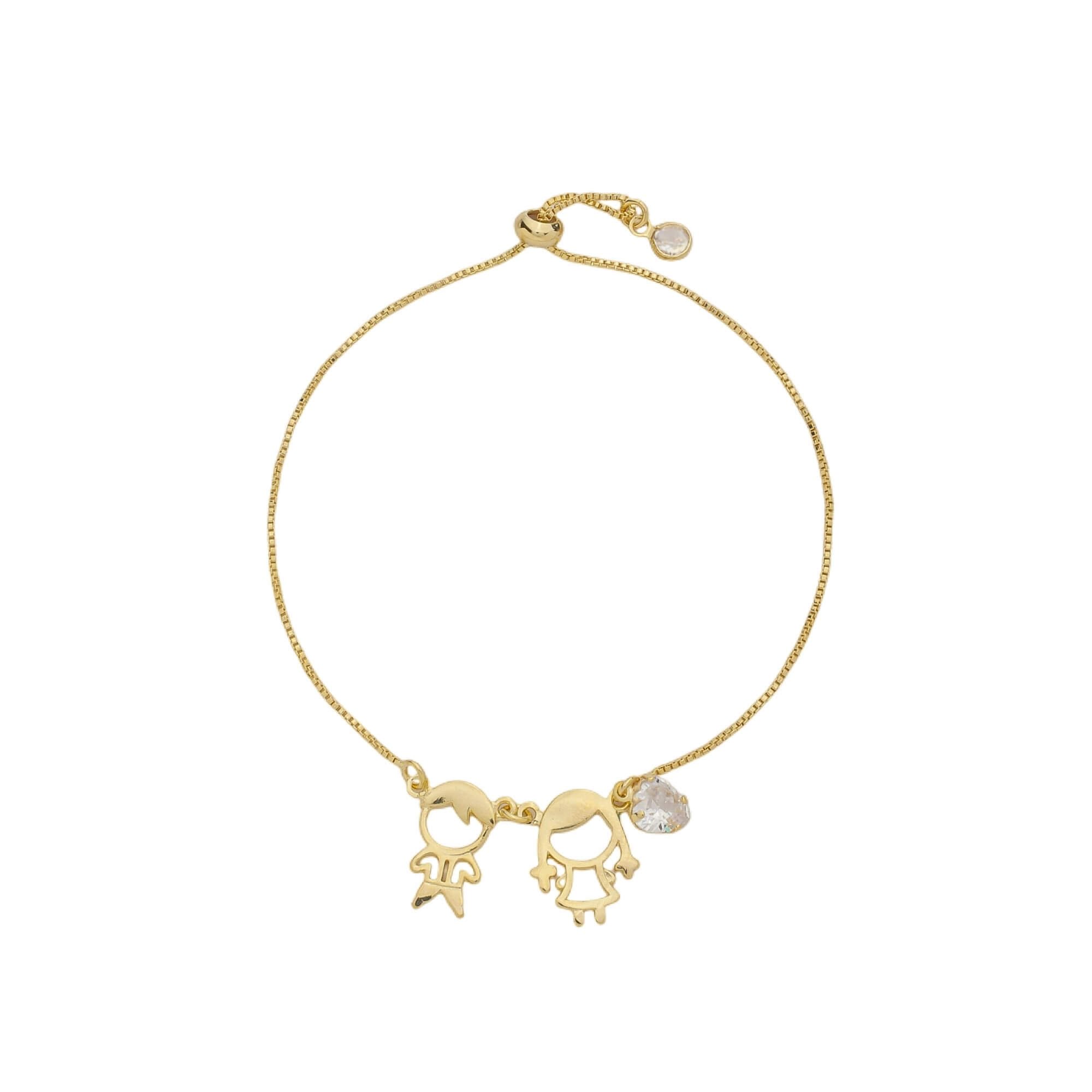 Pulseira Folheado a Ouro 18k Regulável Filha e Filho Coração Zircônia