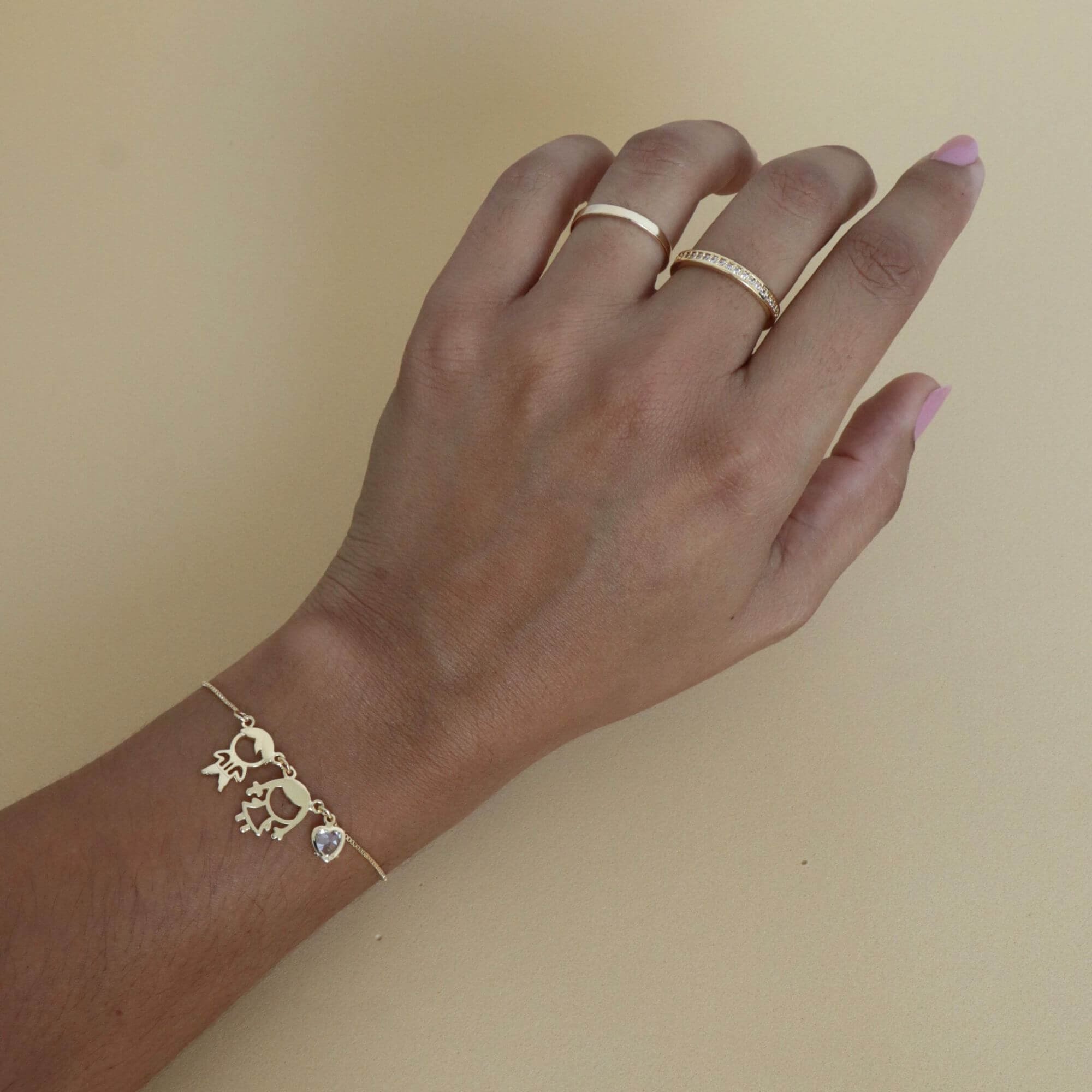 Pulseira Folheado a Ouro 18k Regulável Filha e Filho Coração Zircônia Ouro 18k 2