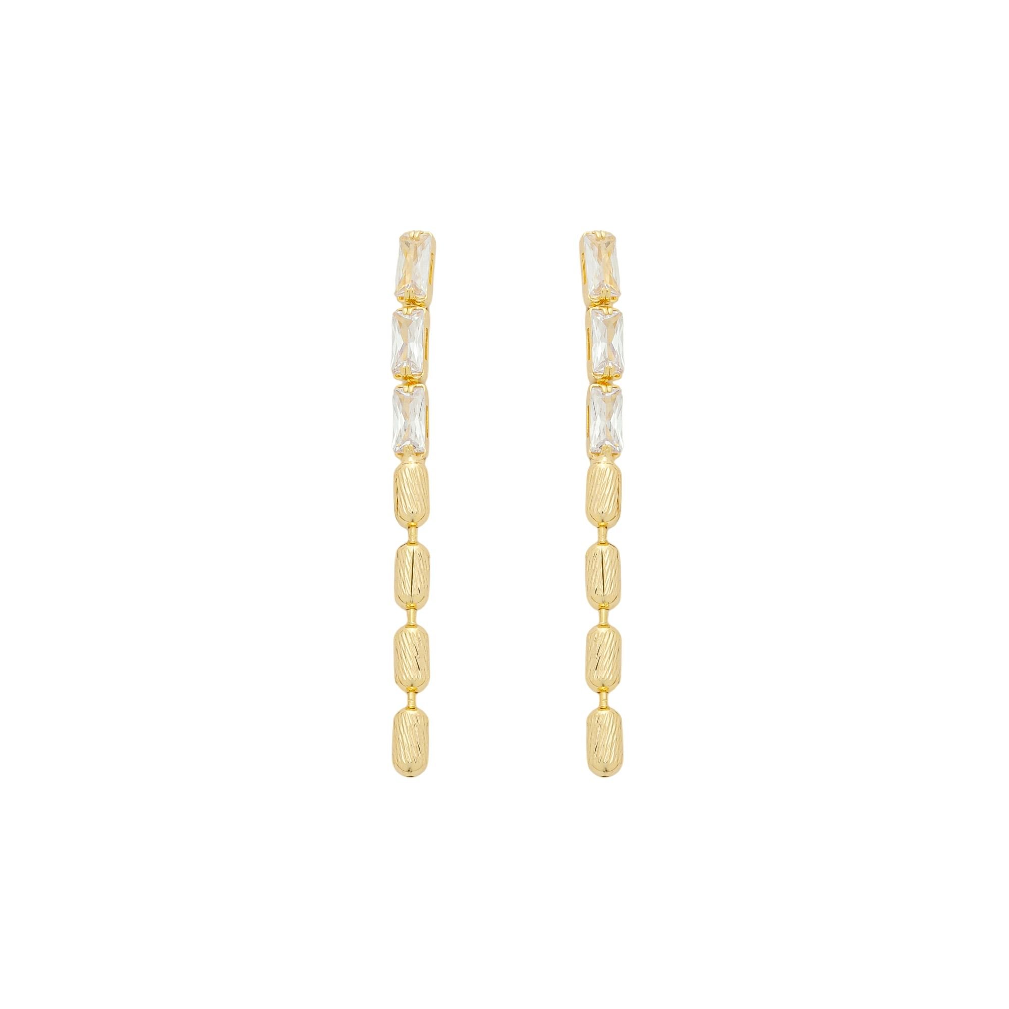 Brinco Folheado a Ouro 18k Fio Zircônia e Gomos Texturados