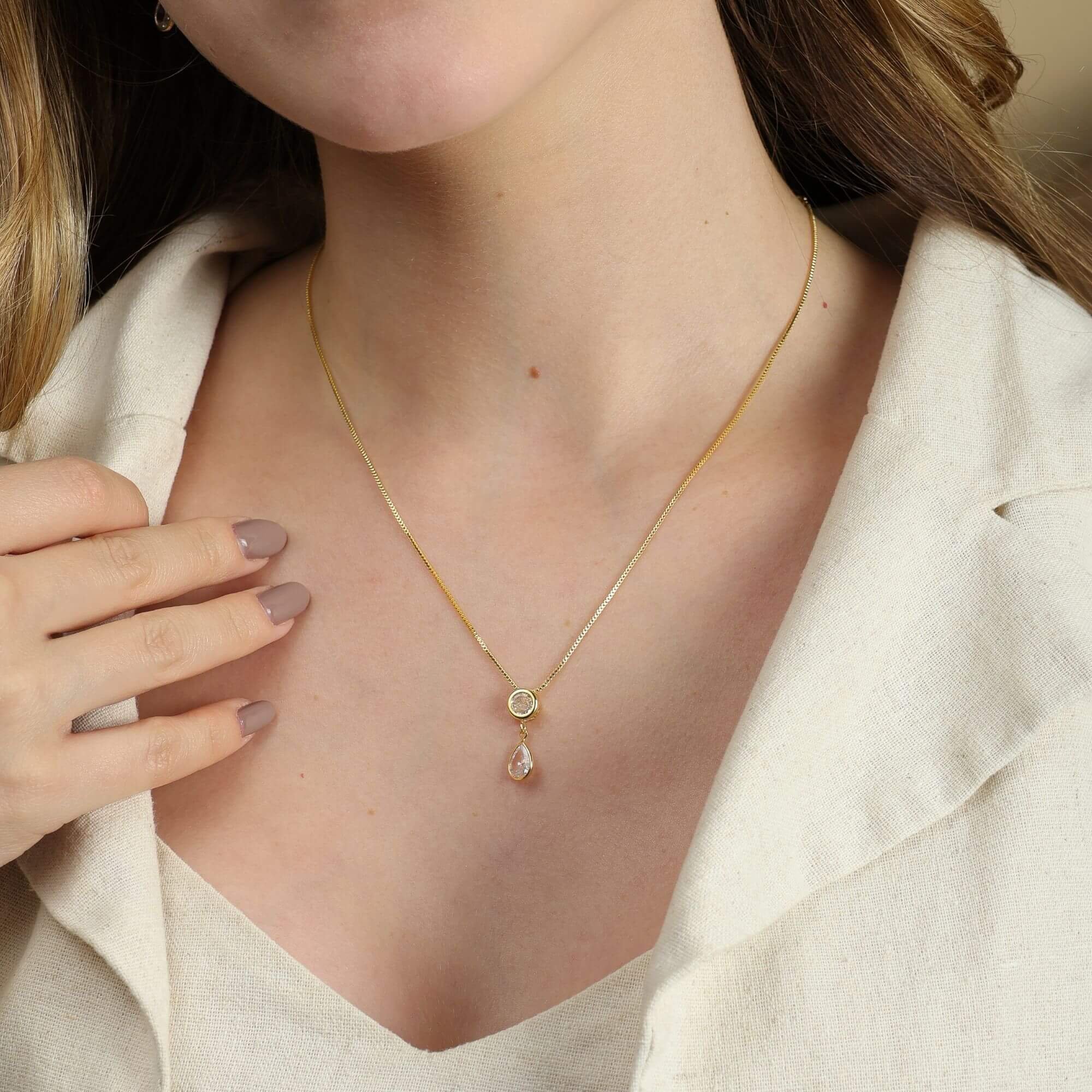 Colar Folheado a Ouro 18k Zircônia Ponto de Luz e Gota Ouro 18k 3