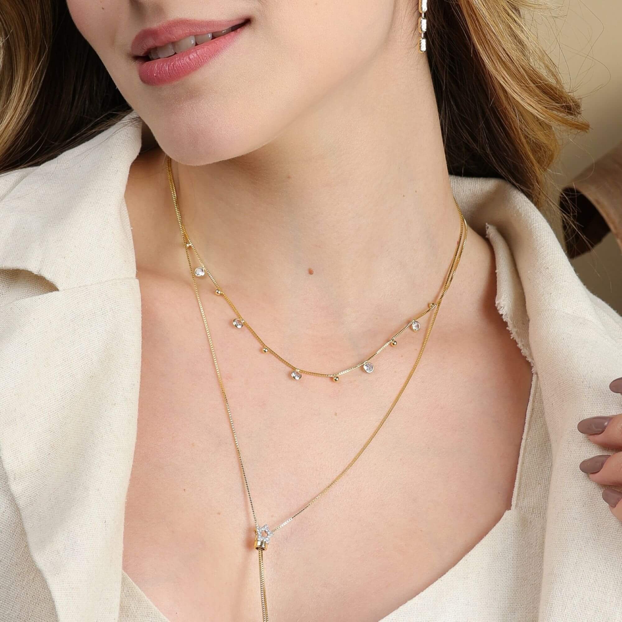 Colar Folheado a Ouro 18k Zircônia Ponto de Luz e Mini Bolinha Ouro 18k 3