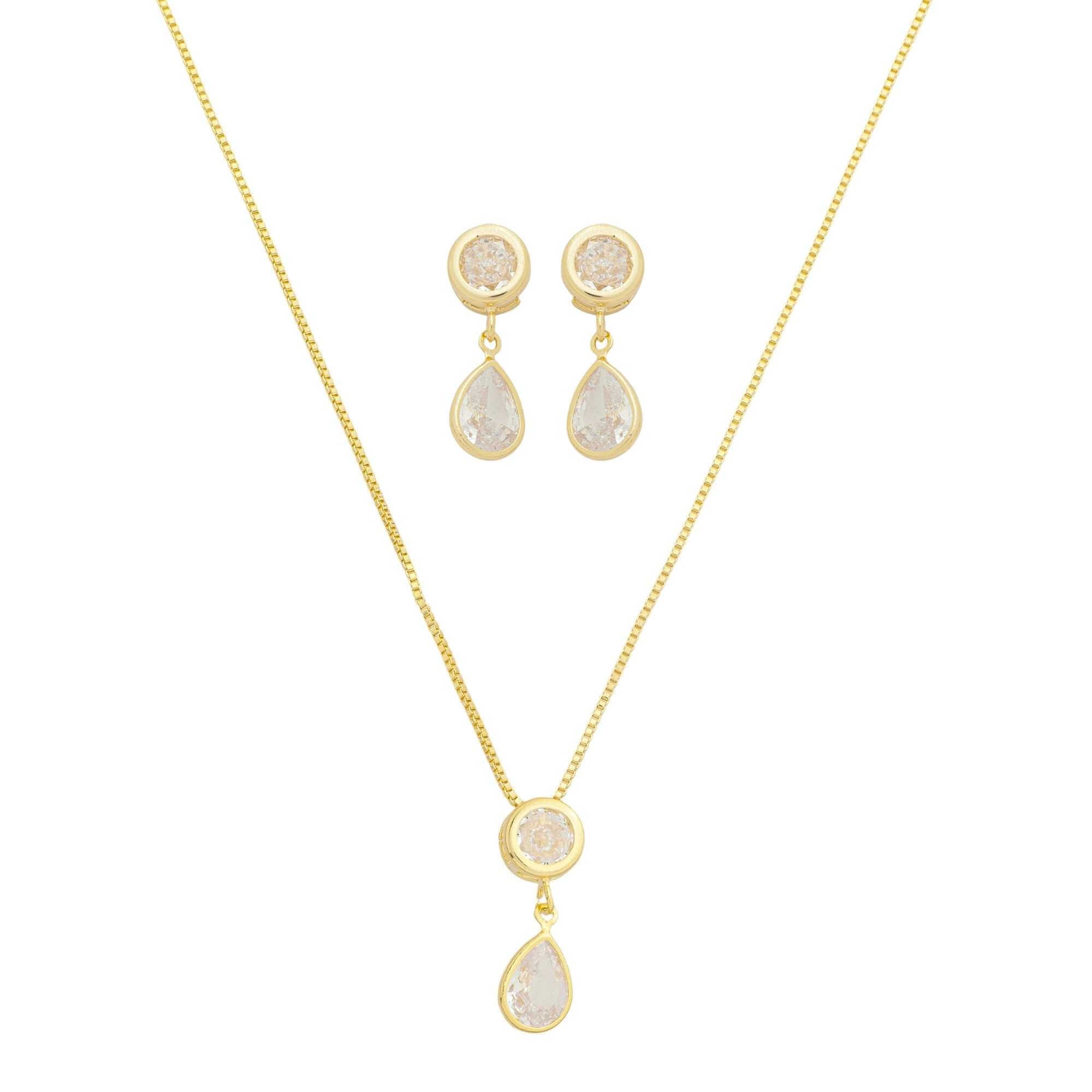 Conjunto Folheado a Ouro 18k Zircônia Ponto de Luz e Gota
