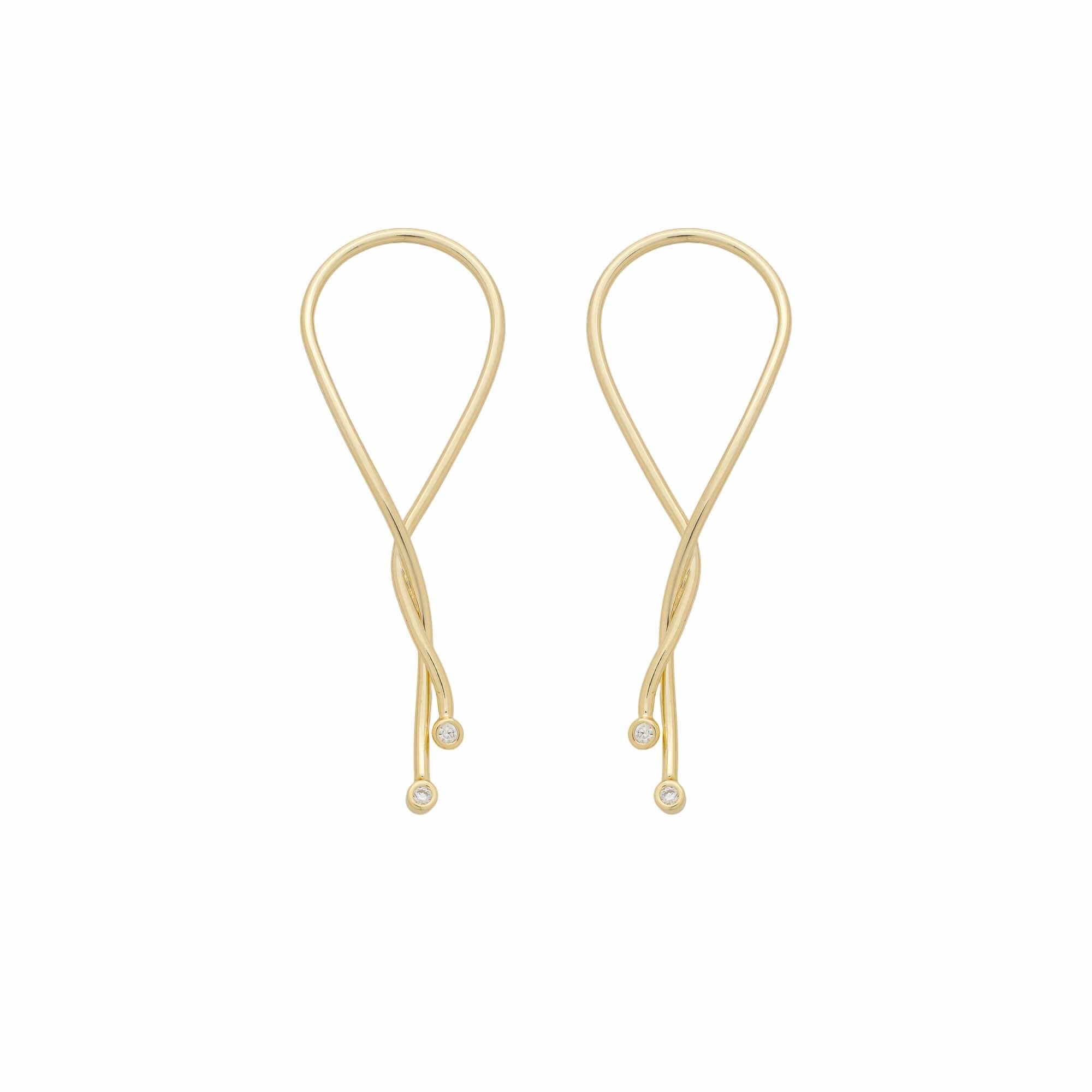 Brinco Folheado a Ouro 18k Longo Linhas Entrelaçadas Zircônia