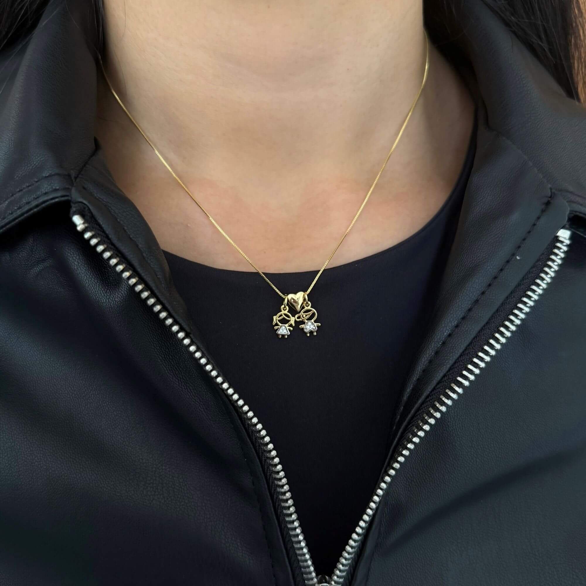 Colar Folheado a Ouro 18k Pingente Filha e Filho Coração Liso Ouro 18k 3