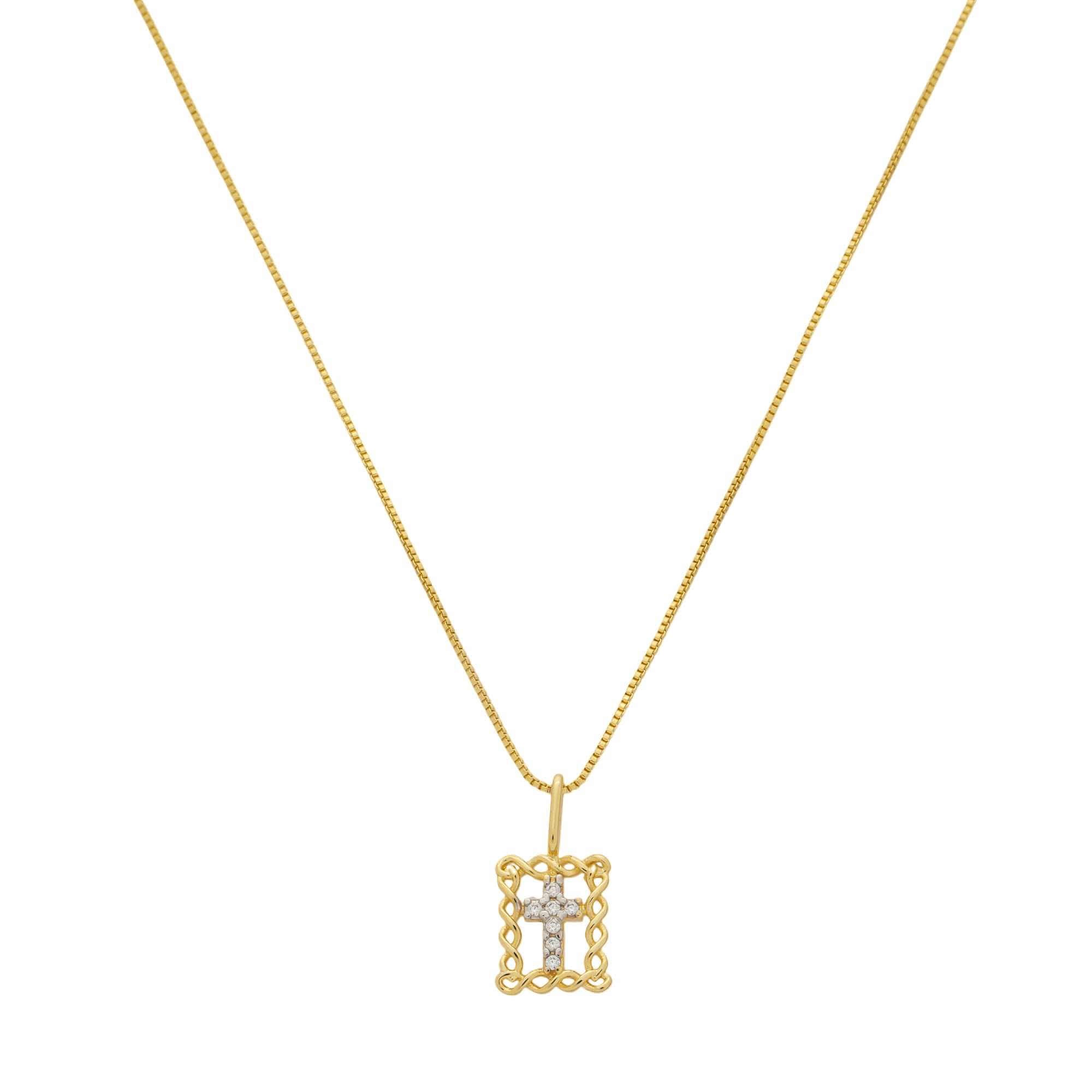 Colar Folheado a Ouro 18k Pingente Crucifixo Cravejado Borda Detalhes