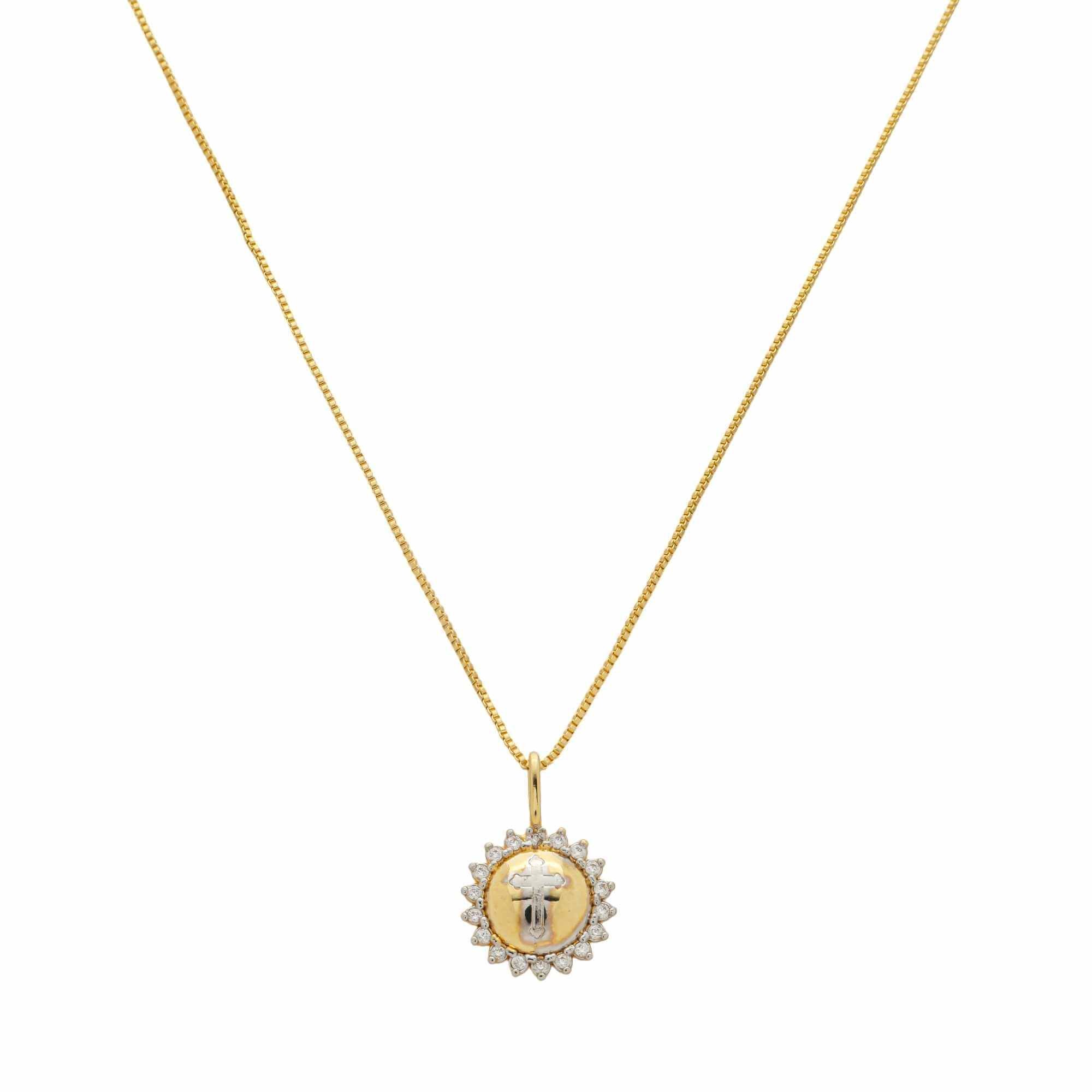 Colar Folheado a Ouro 18k Pingente Redondo Crucifixo Dourado 1