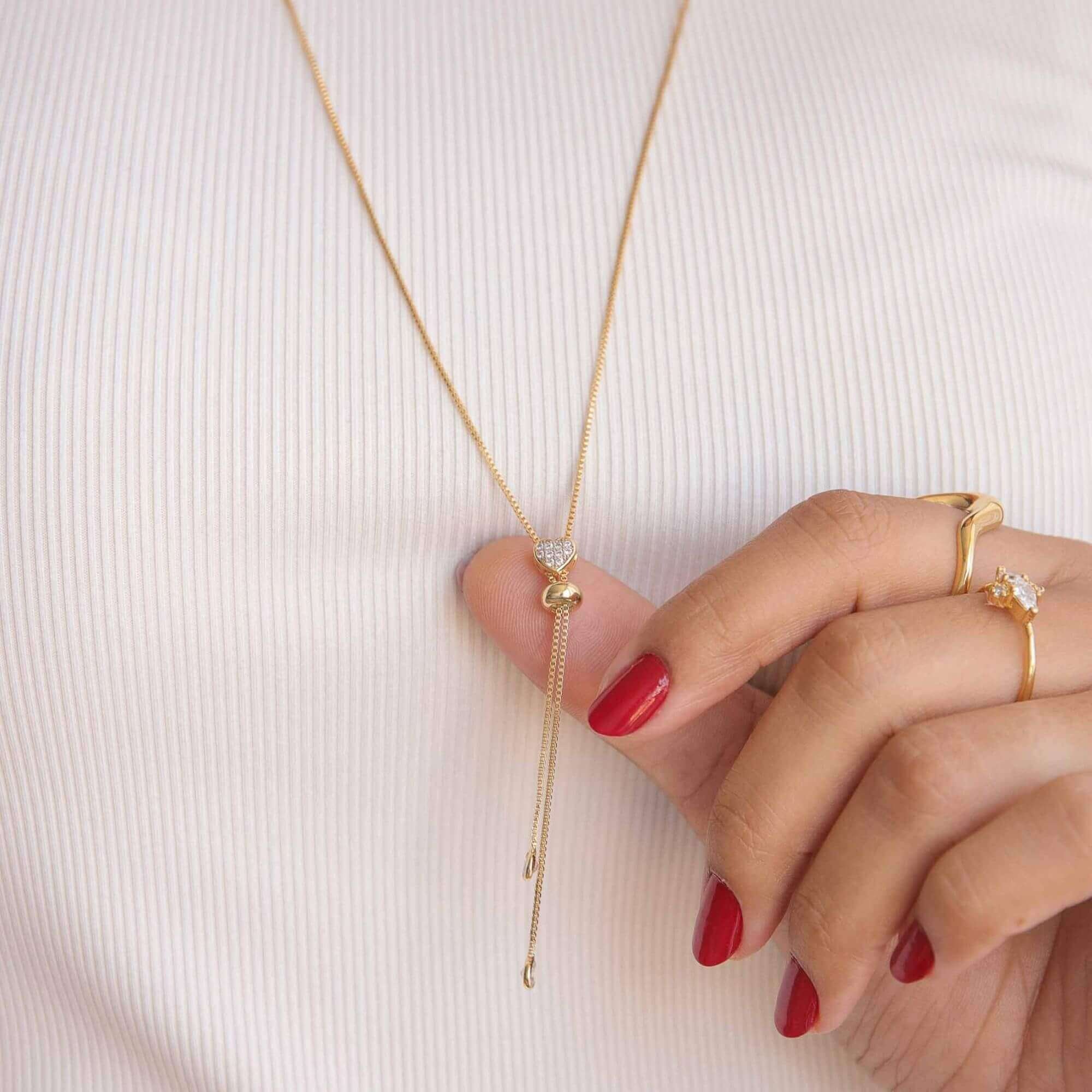 Colar Gravatinha Folheado a Ouro 18k Coração Cravejado Ouro 18k 5
