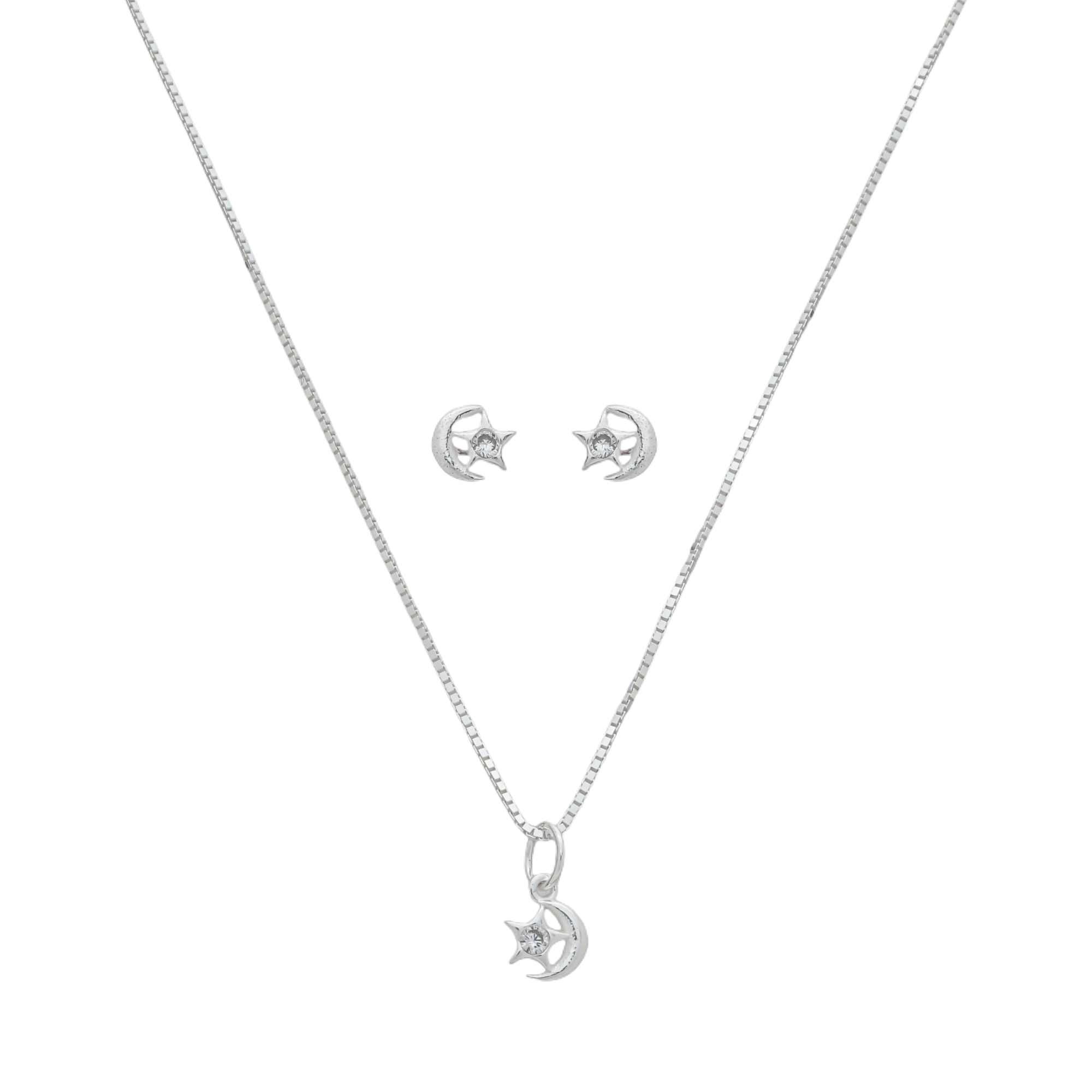 Conjunto Prata 925 Lua e Estrela Cravejado