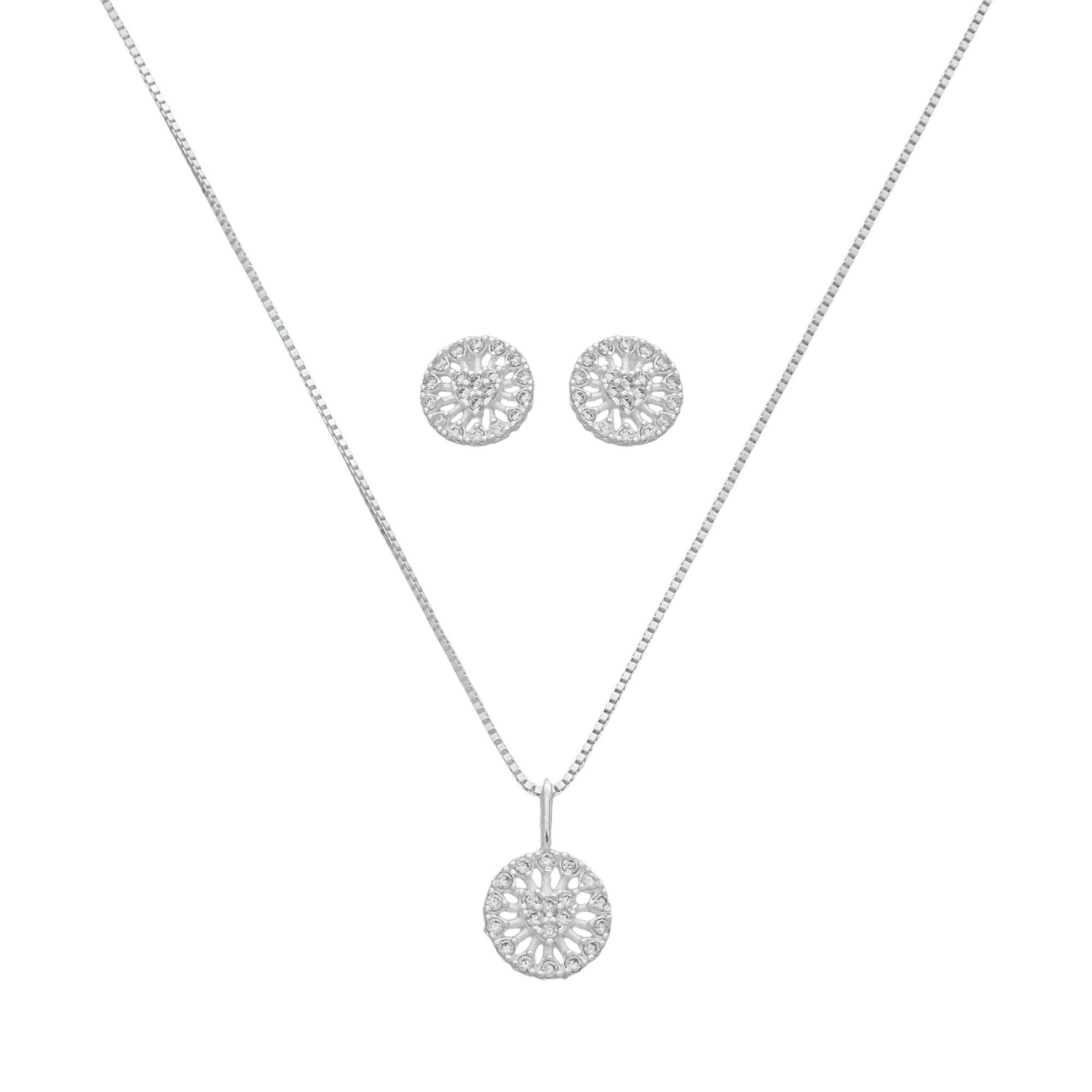 Conjunto Prata 925 Círculo Cravejado e Coração