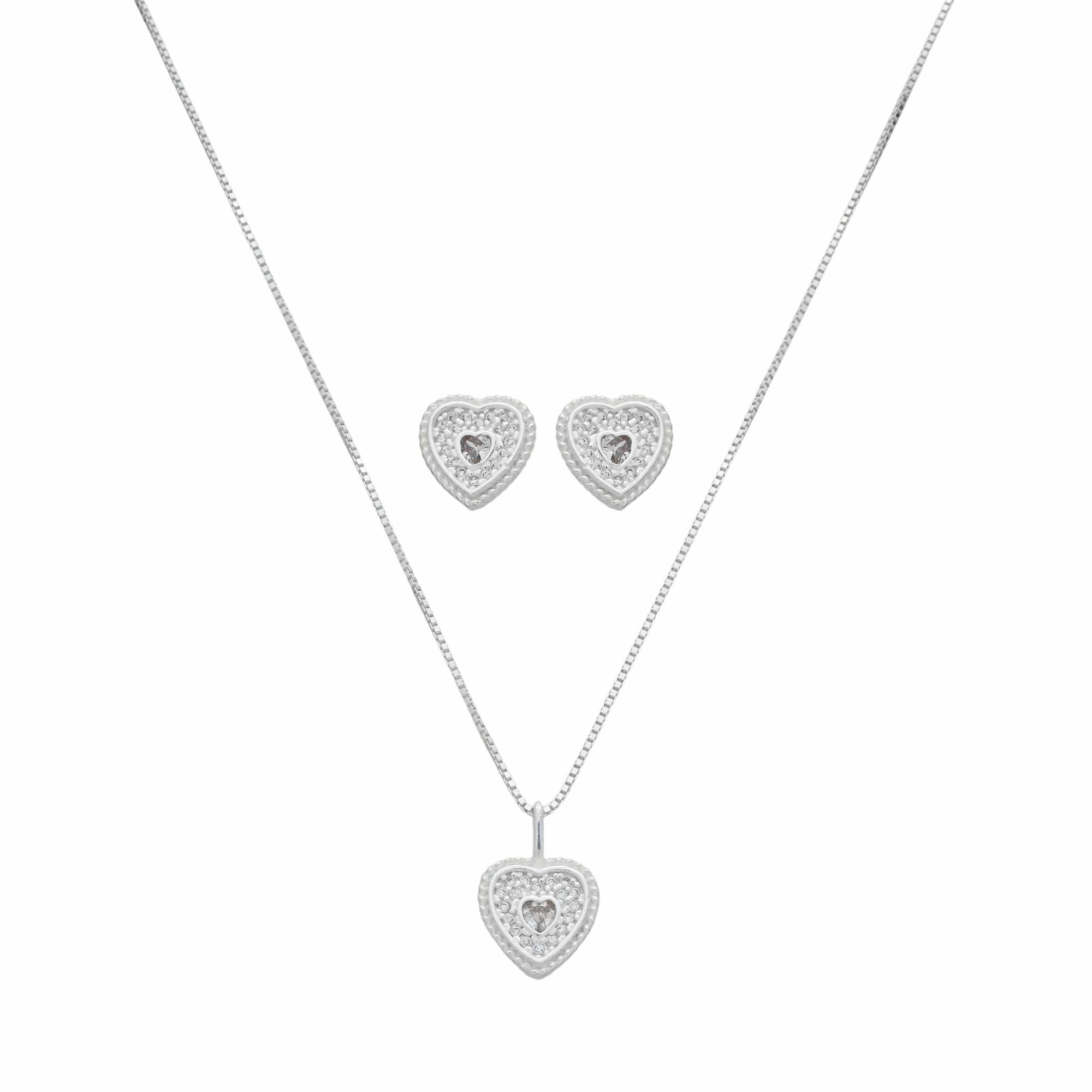 Conjunto Prata 925 Coração Cravejado Detalhes