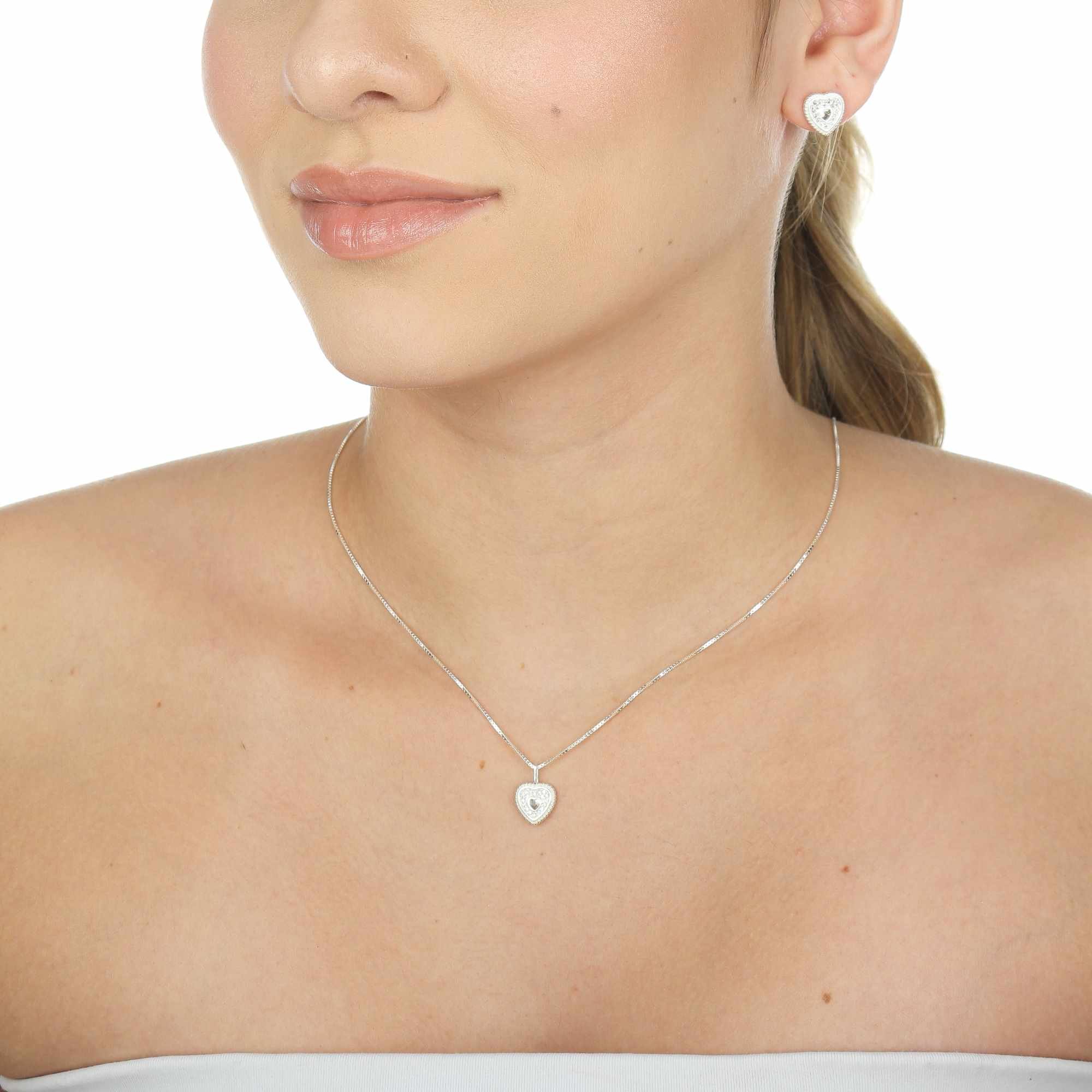 Conjunto Prata 925 Coração Cravejado Detalhes Prata 925 2
