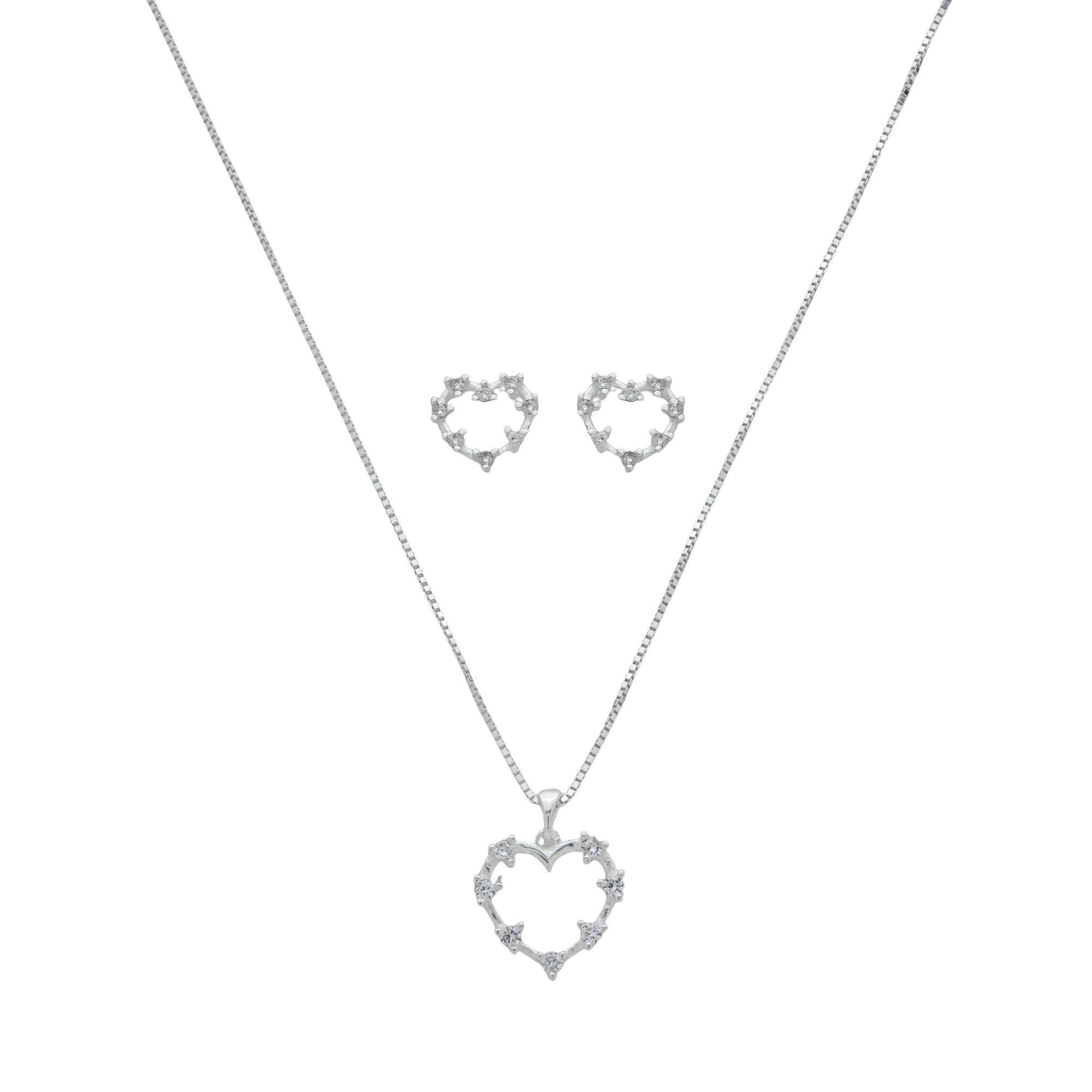 Conjunto Prata 925 Coração Vazado e Ponto de Luz