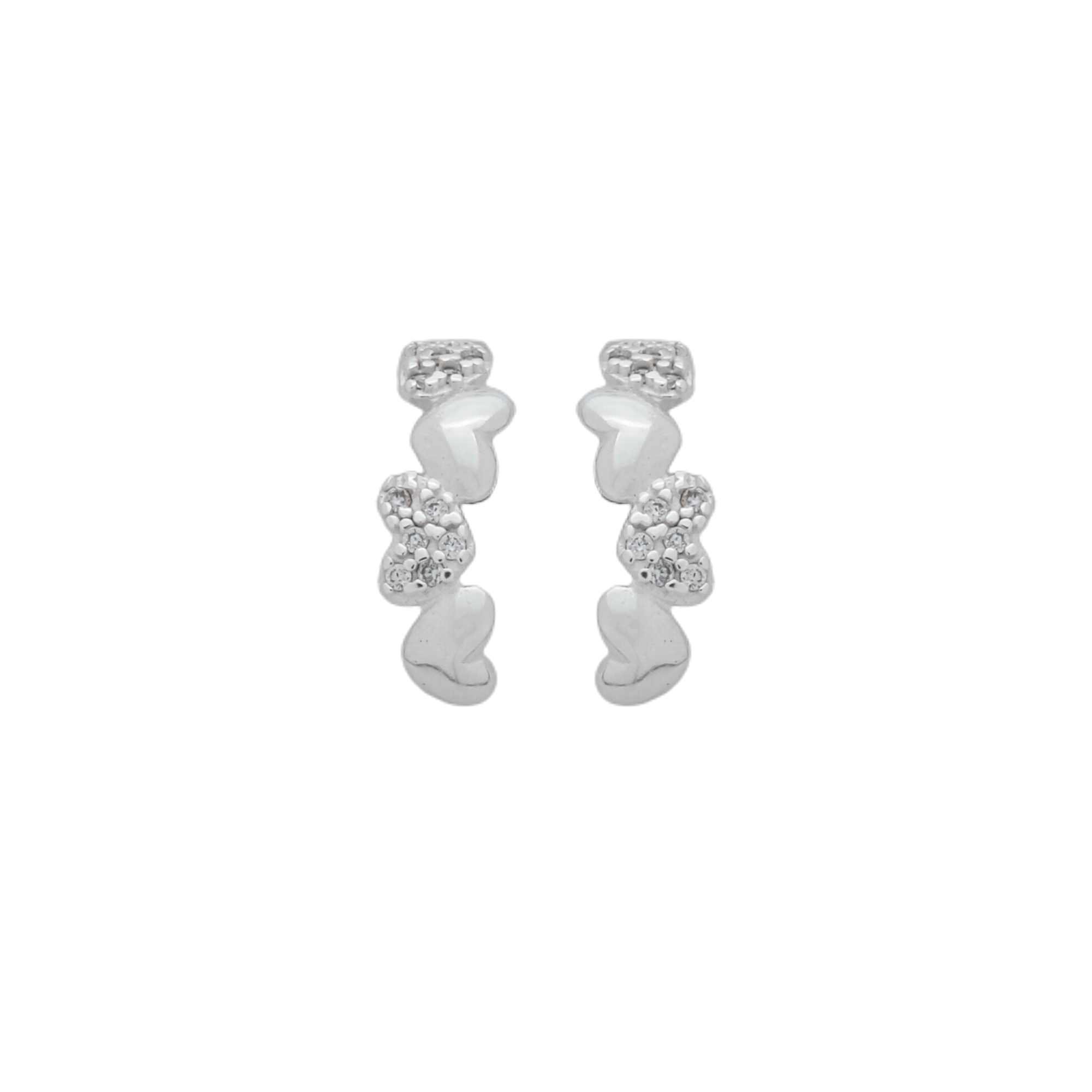 Brinco Prata 925 Ear Hook Corações Detalhes Cravejados