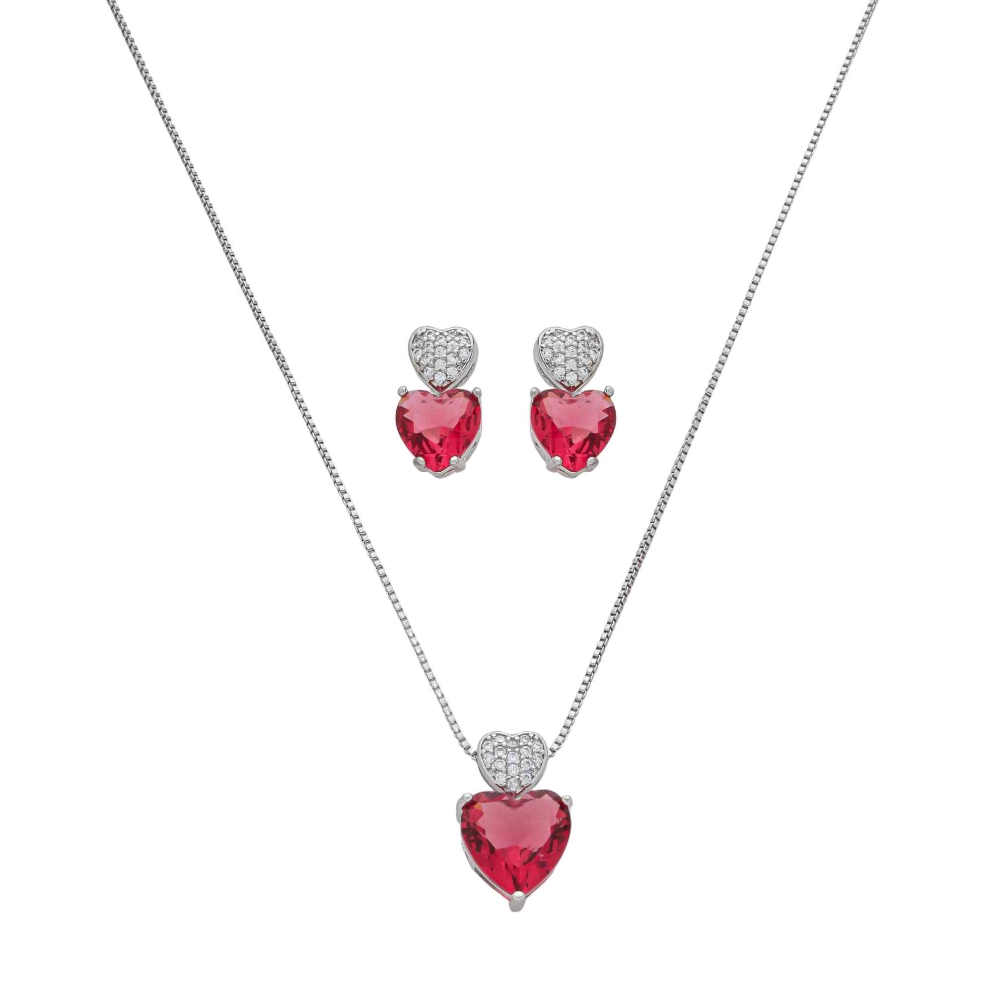 Conjunto Folheado a Ródio Coração Rosa e Cravejado