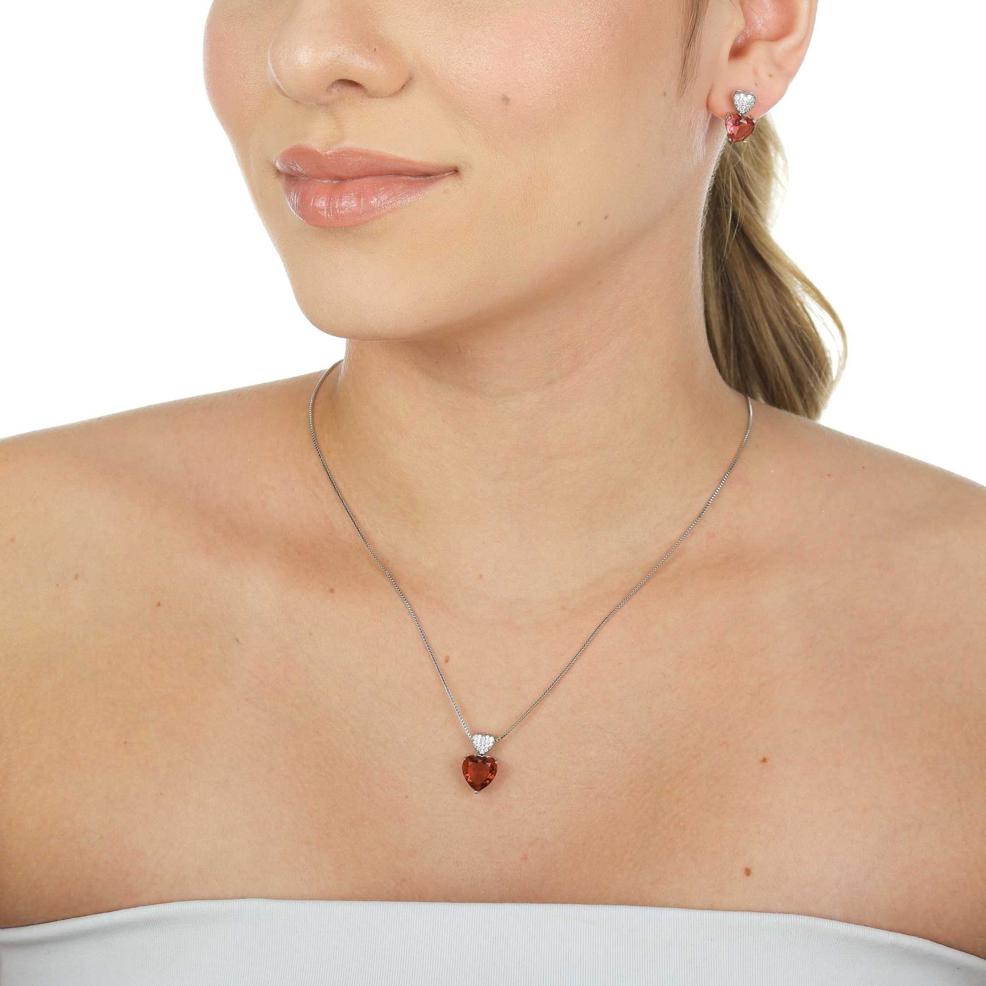 Conjunto Folheado a Ródio Coração Rosa e Cravejado Prata/Rosa 2