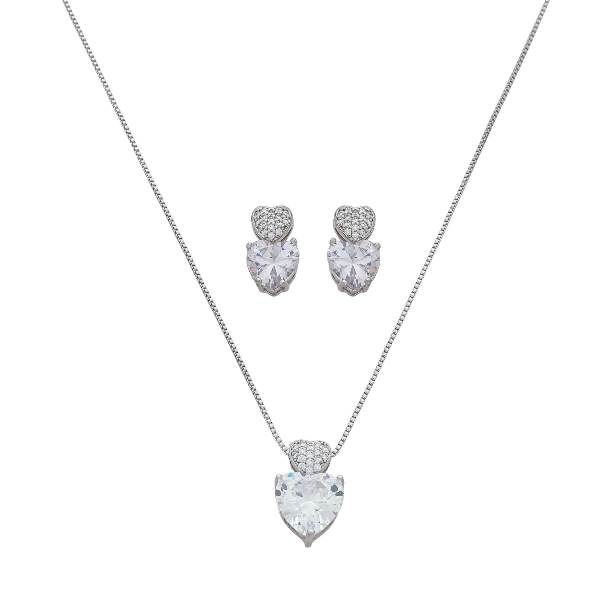 Conjunto Folheado a Ródio Coração Transparente e Cravejado