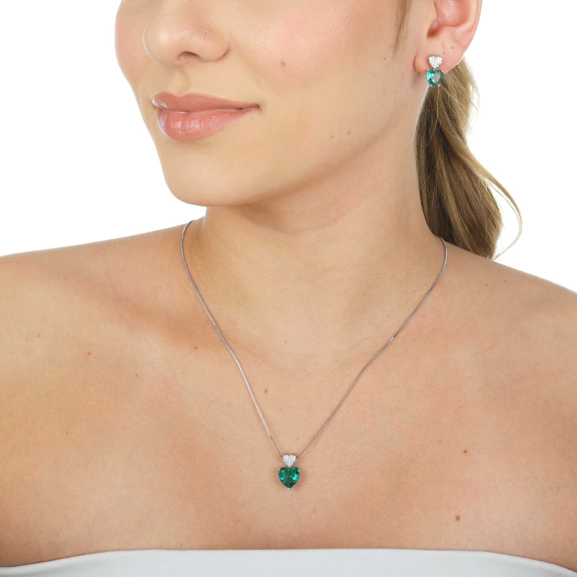 Conjunto Folheado a Ródio Coração Verde Turmalina e Cravejado Prata/Verde Claro 2