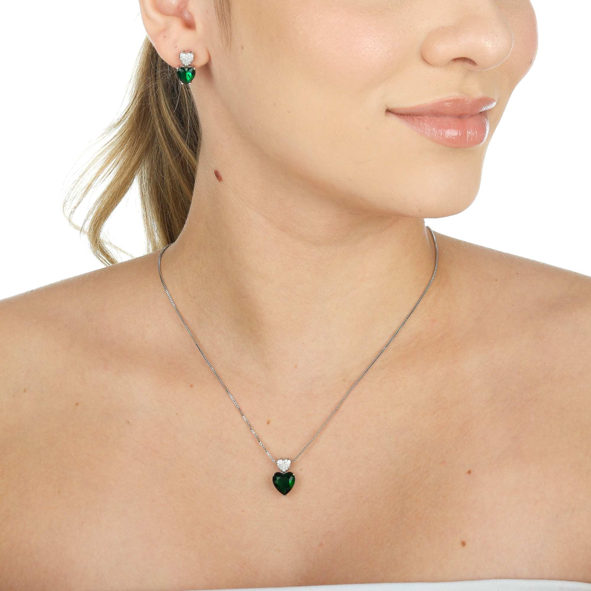 Conjunto Folheado a Ródio Coração Verde Esmeralda e Cravejado Prata/Verde Escuro 2