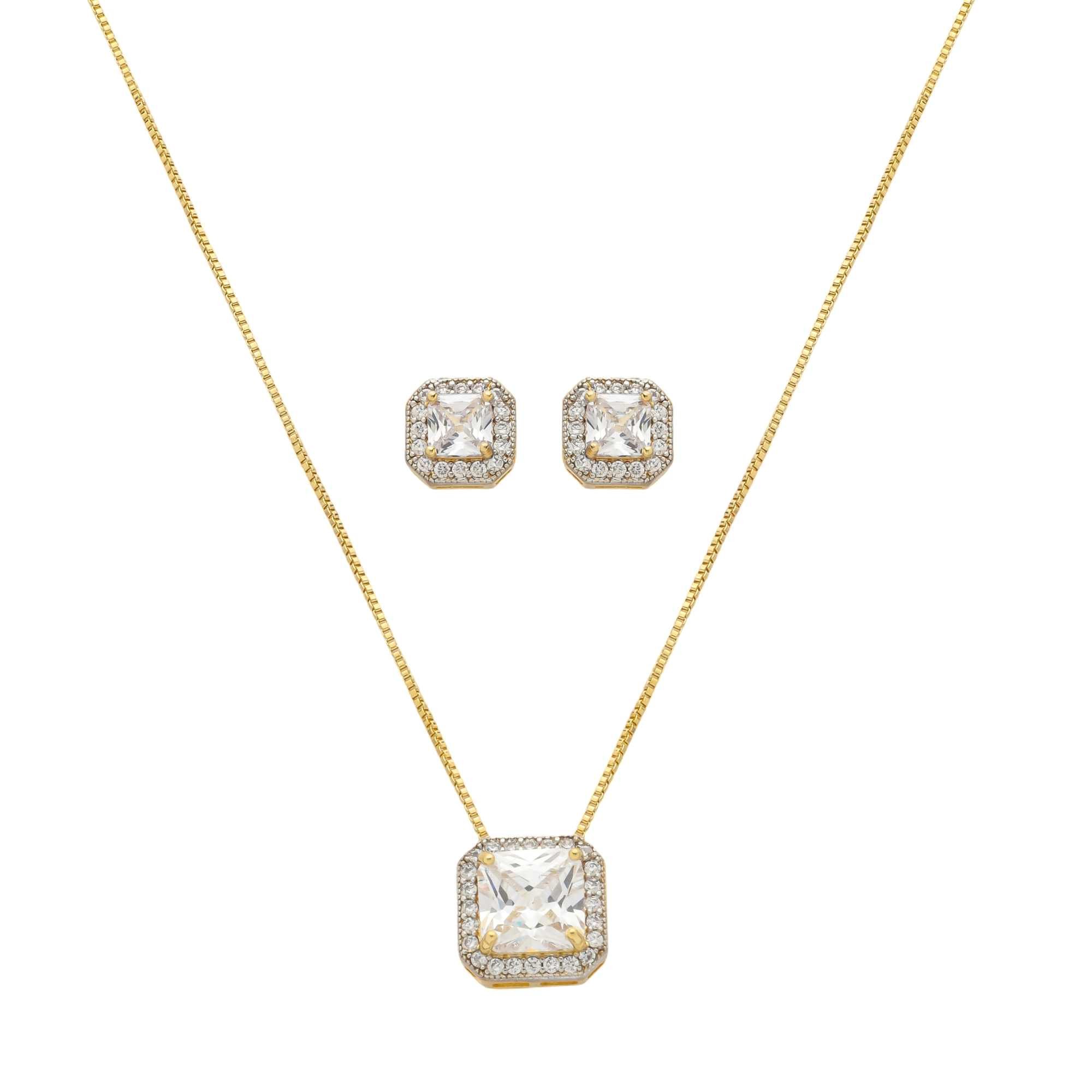 Conjunto Folheado a Ouro 18k Zircônia Quadrada Transparente Borda Cravejada