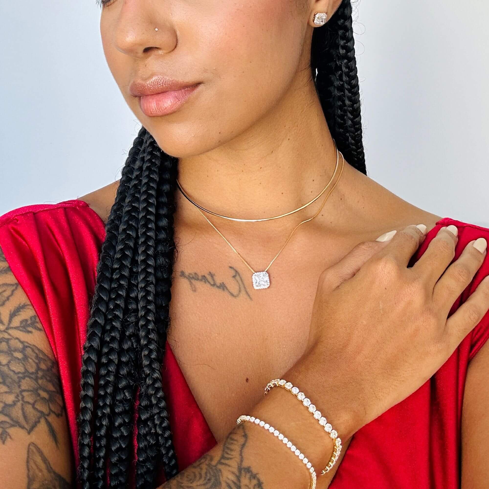 Conjunto Folheado a Ouro 18k Zircônia Quadrada Transparente Borda Cravejada Ouro 18K 2