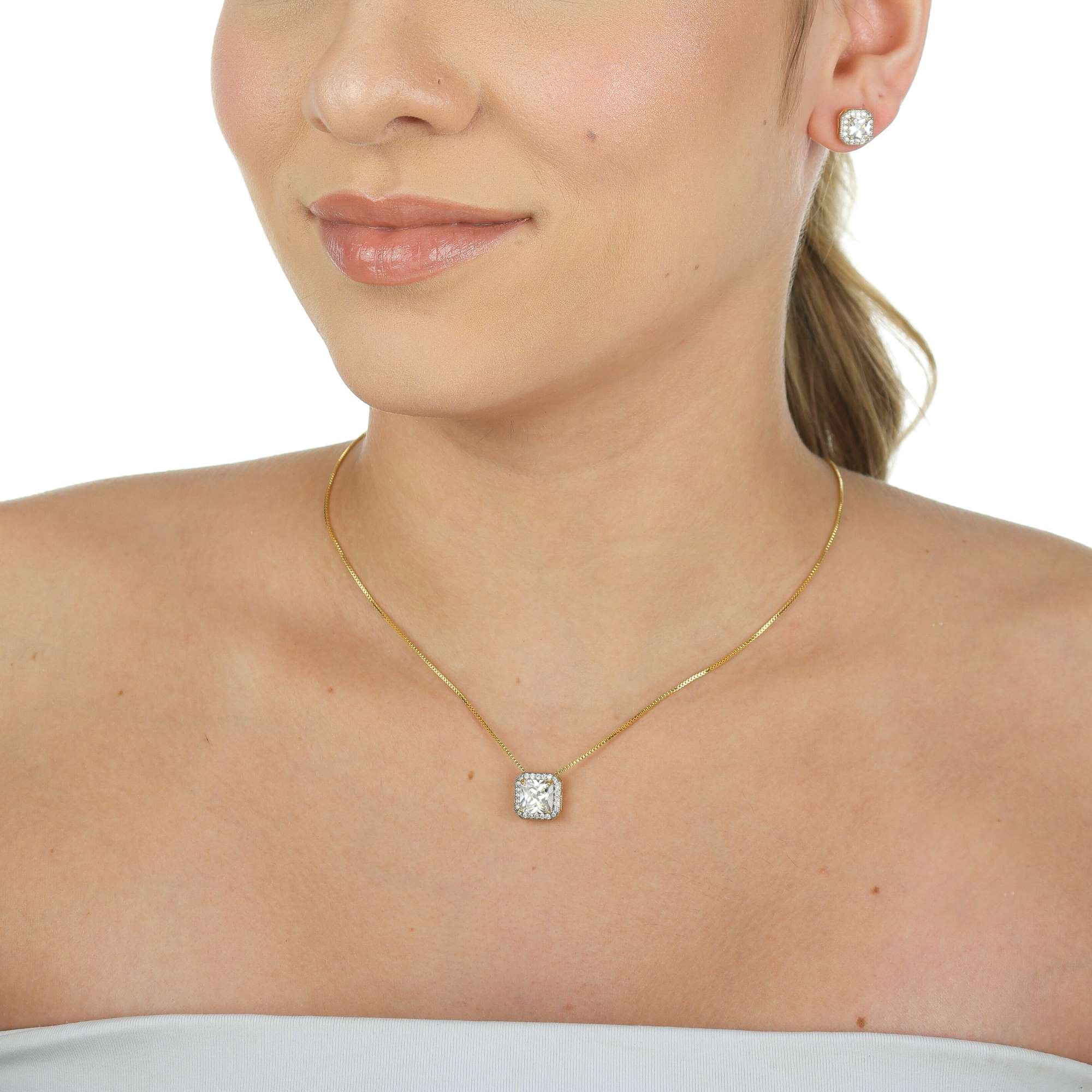 Conjunto Folheado a Ouro 18k Zircônia Quadrada Transparente Borda Cravejada Ouro 18K 3