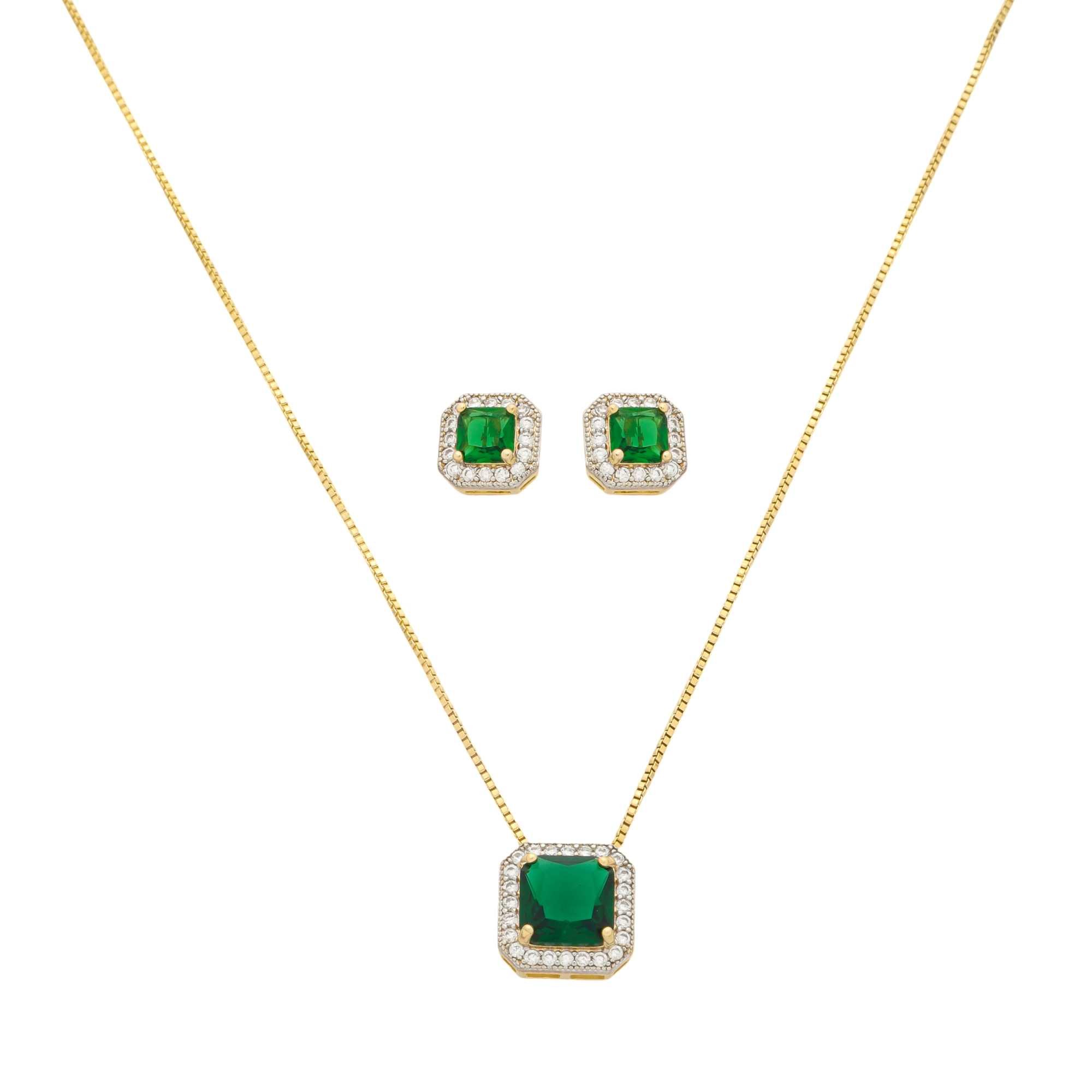 Conjunto Folheado a Ouro 18k Zircônia Quadrada Verde Esmeralda Borda Cravejado