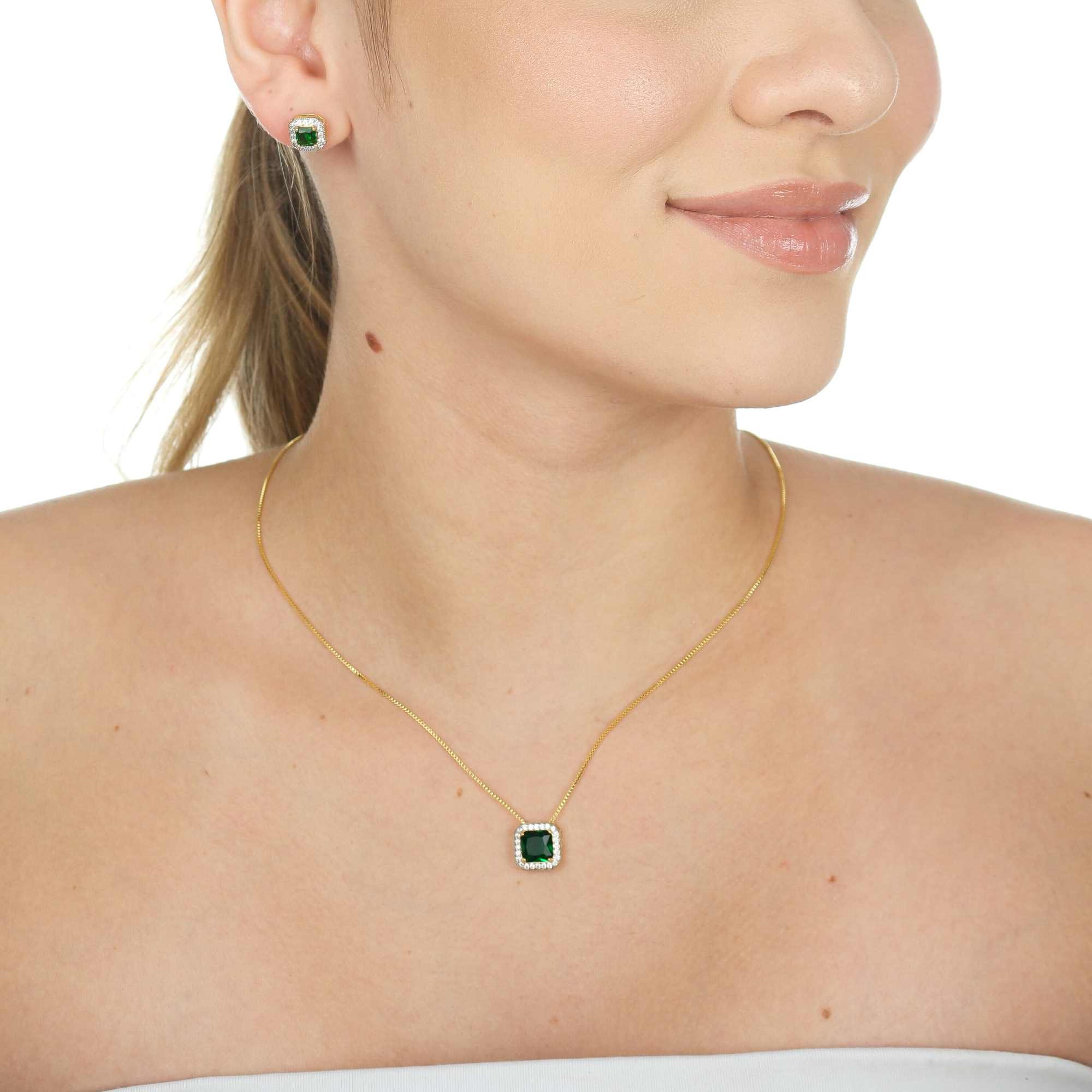 Conjunto Folheado a Ouro 18k Zircônia Quadrada Verde Esmeralda Borda Cravejado Ouro 18K/Verde 2