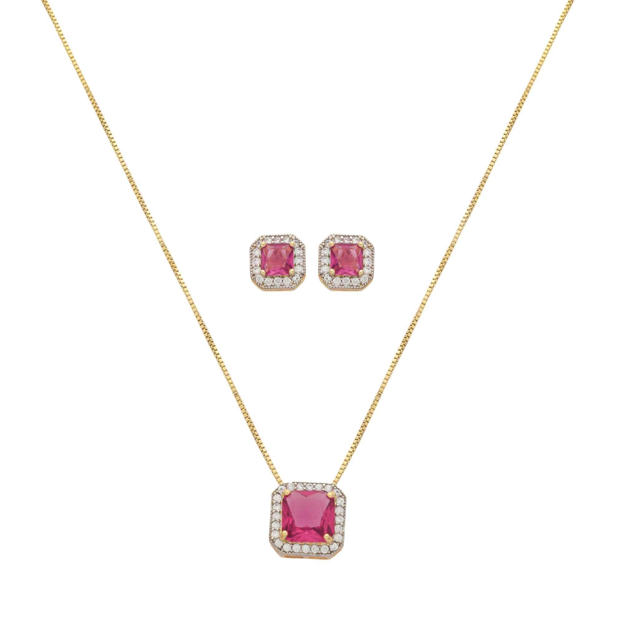 Conjunto Folheado a Ouro 18k Zircônia Quadrada Rosa Borda Cravejada