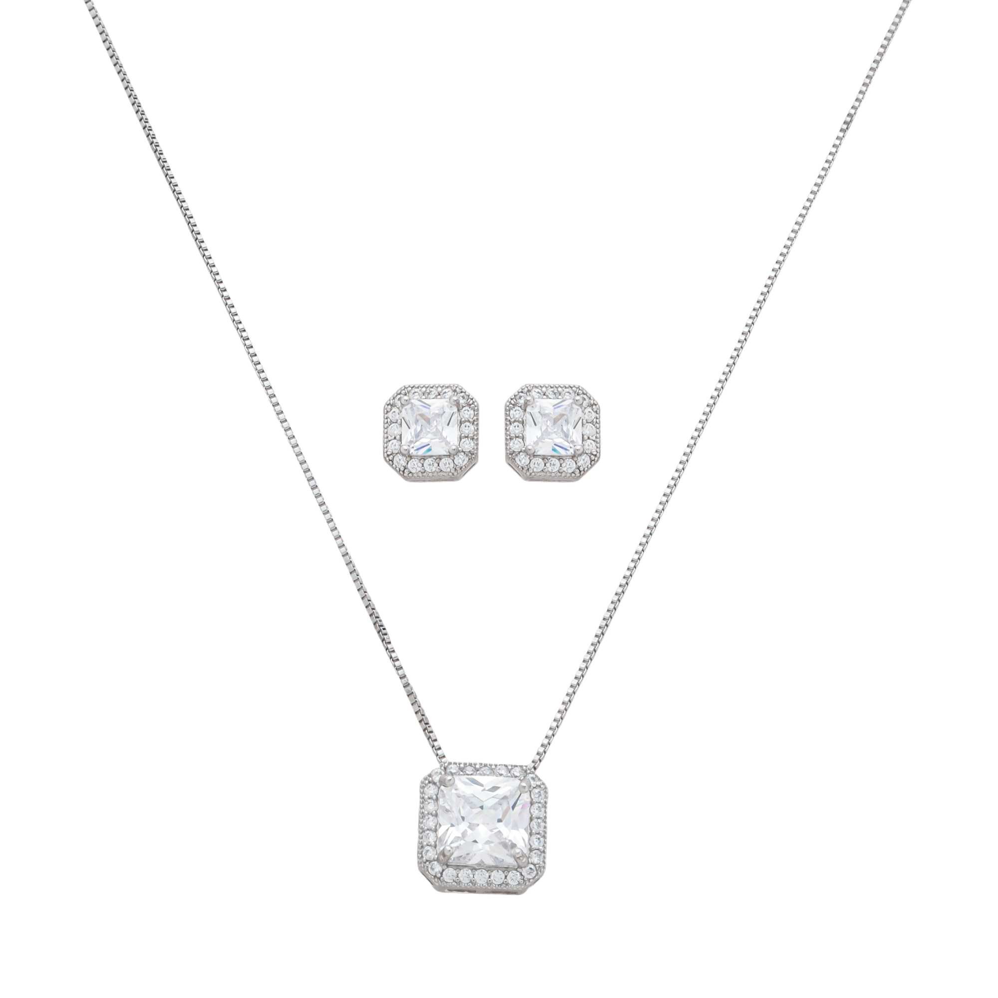 Conjunto Folheado a Ródio Zircônia Quadrada Transparente Borda Cravejada