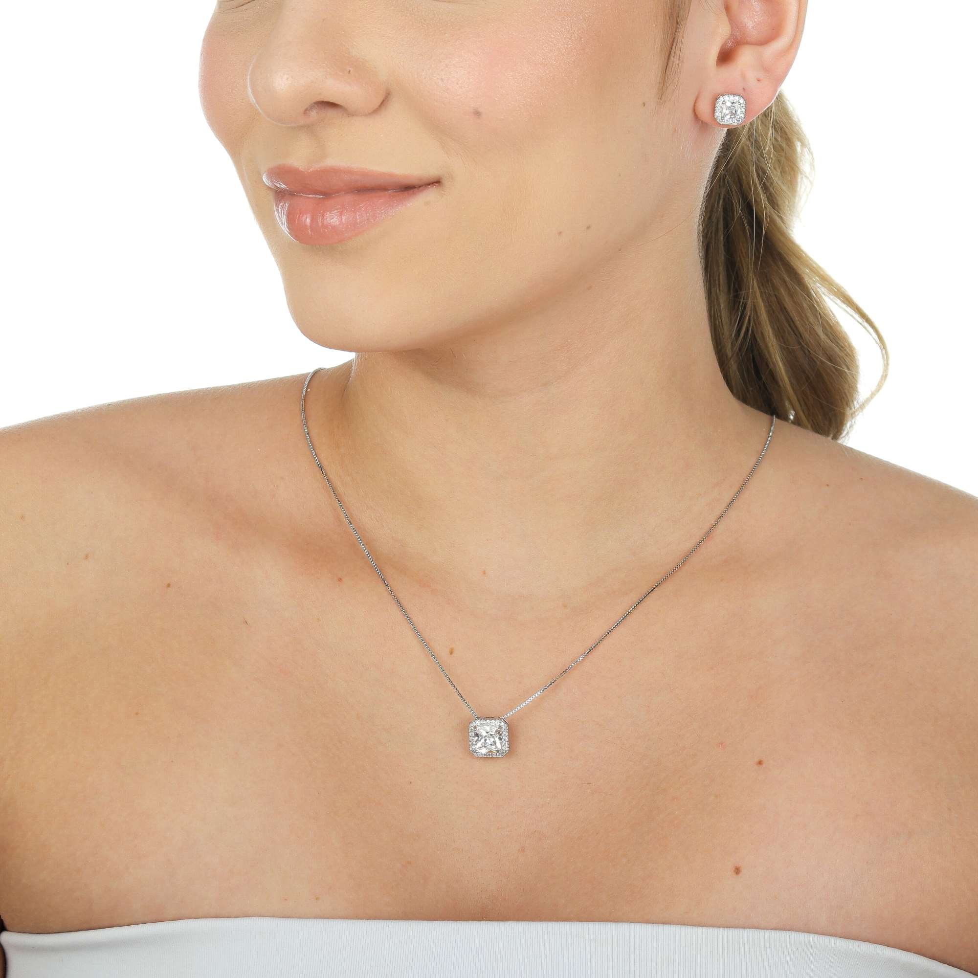 Conjunto Folheado a Ródio Zircônia Quadrada Transparente Borda Cravejada Prata 2