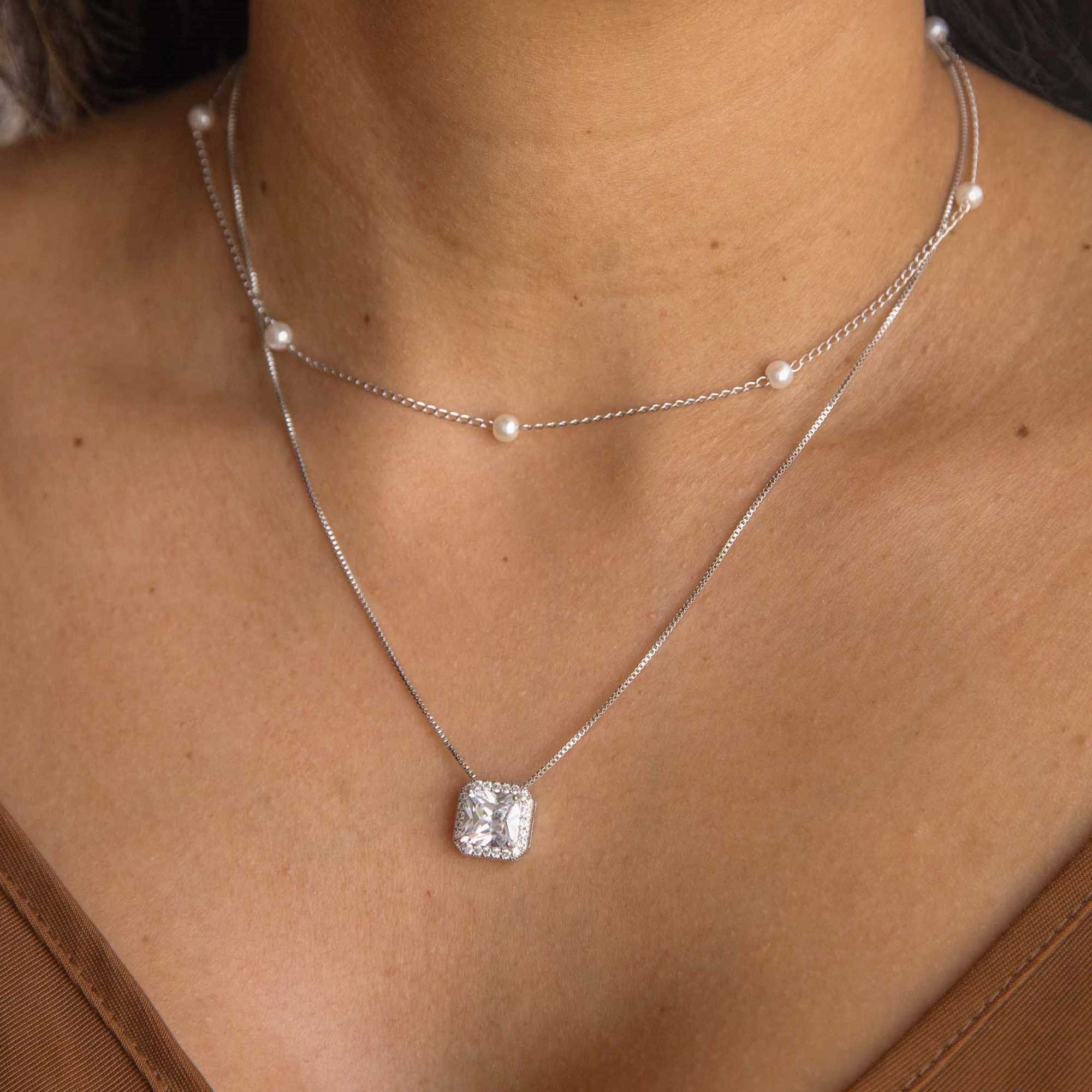 Conjunto Folheado a Ródio Zircônia Quadrada Transparente Borda Cravejada Prata 5