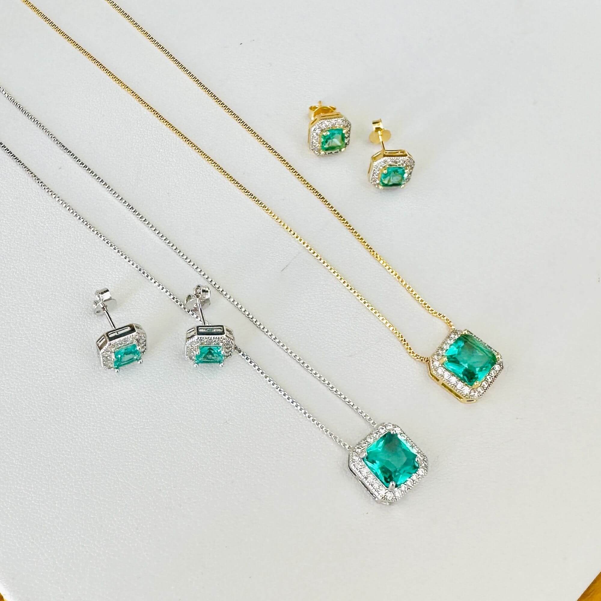 Conjunto Folheado a Ródio Zircônia Quadrada Verde Turmalina Borda Cravejado Prata/Verde 3