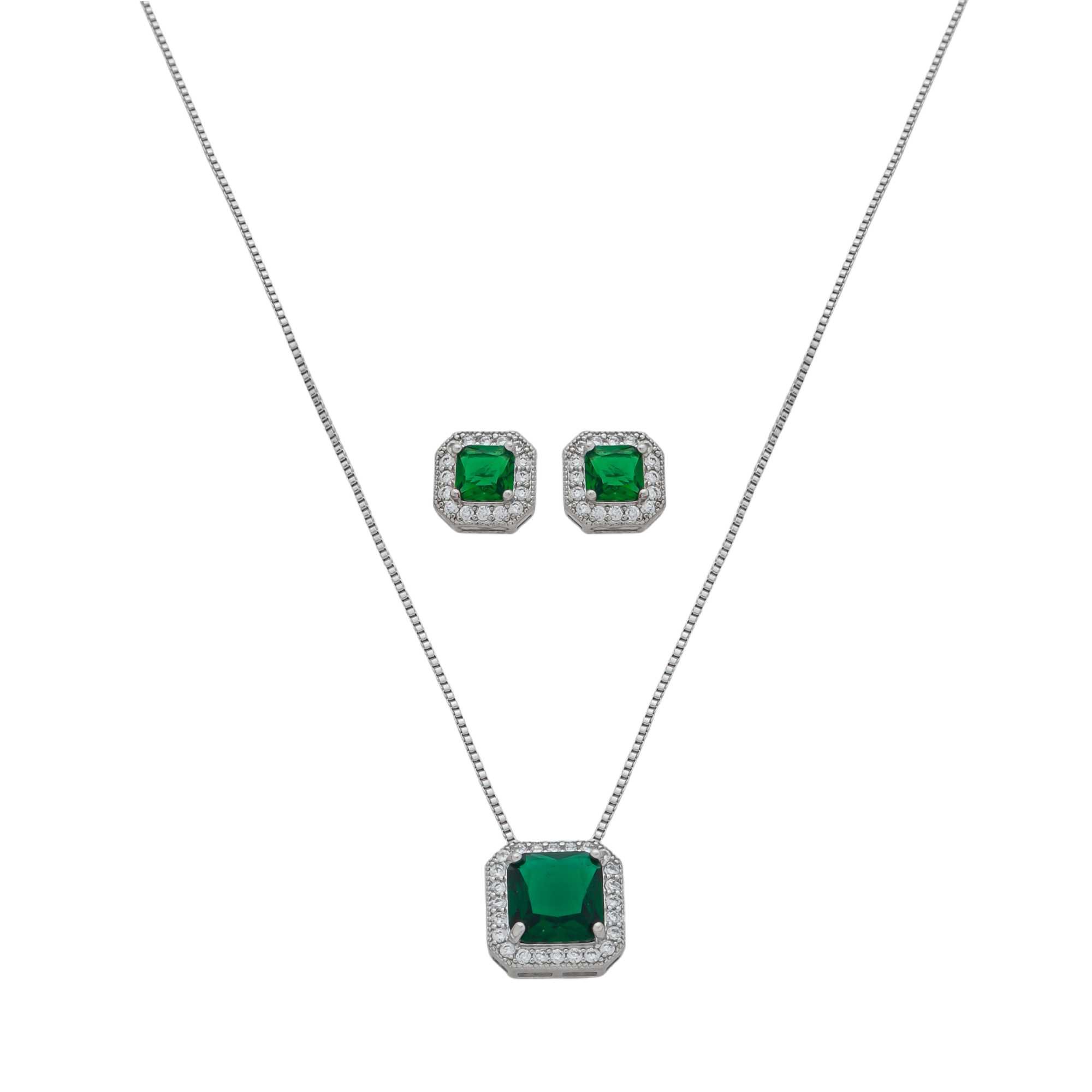 Conjunto Folheado a Ródio Zircônia Quadrada Verde Esmeralda Borda Cravejado Prata/Verde Escuro 1