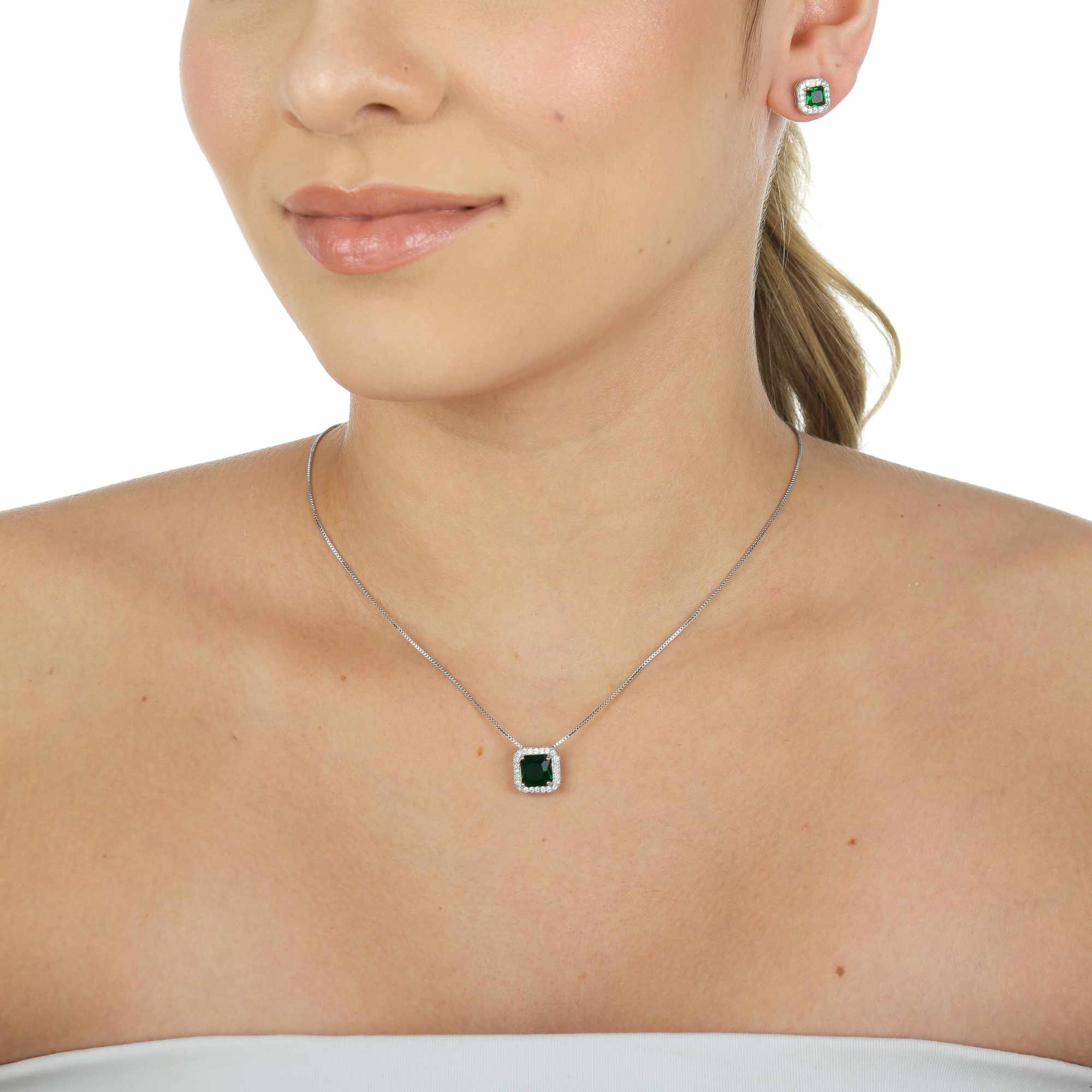 Conjunto Folheado a Ródio Zircônia Quadrada Verde Esmeralda Borda Cravejado Prata/Verde Escuro 2