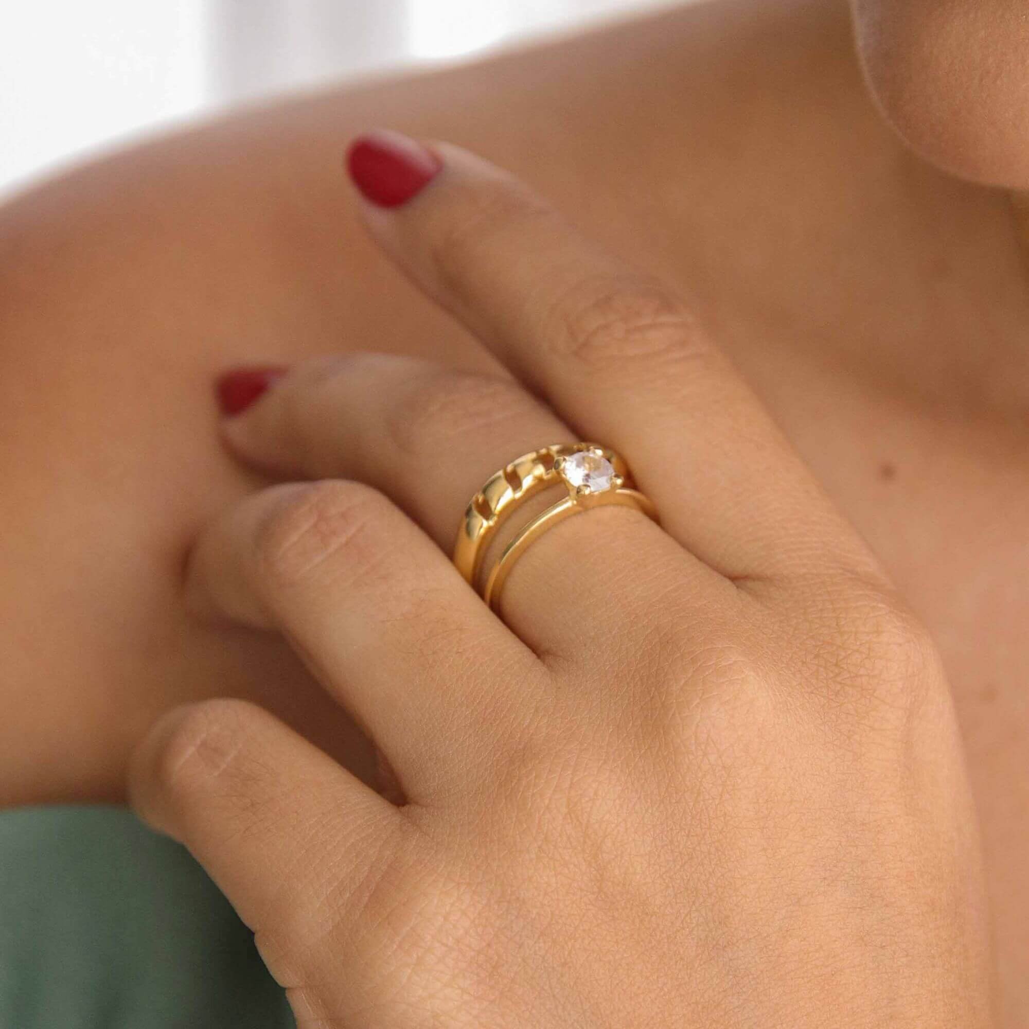 Anel Folheado a Ouro 18k Solitário Fino Pedra Zircônia Redonda G Ouro 18k 5