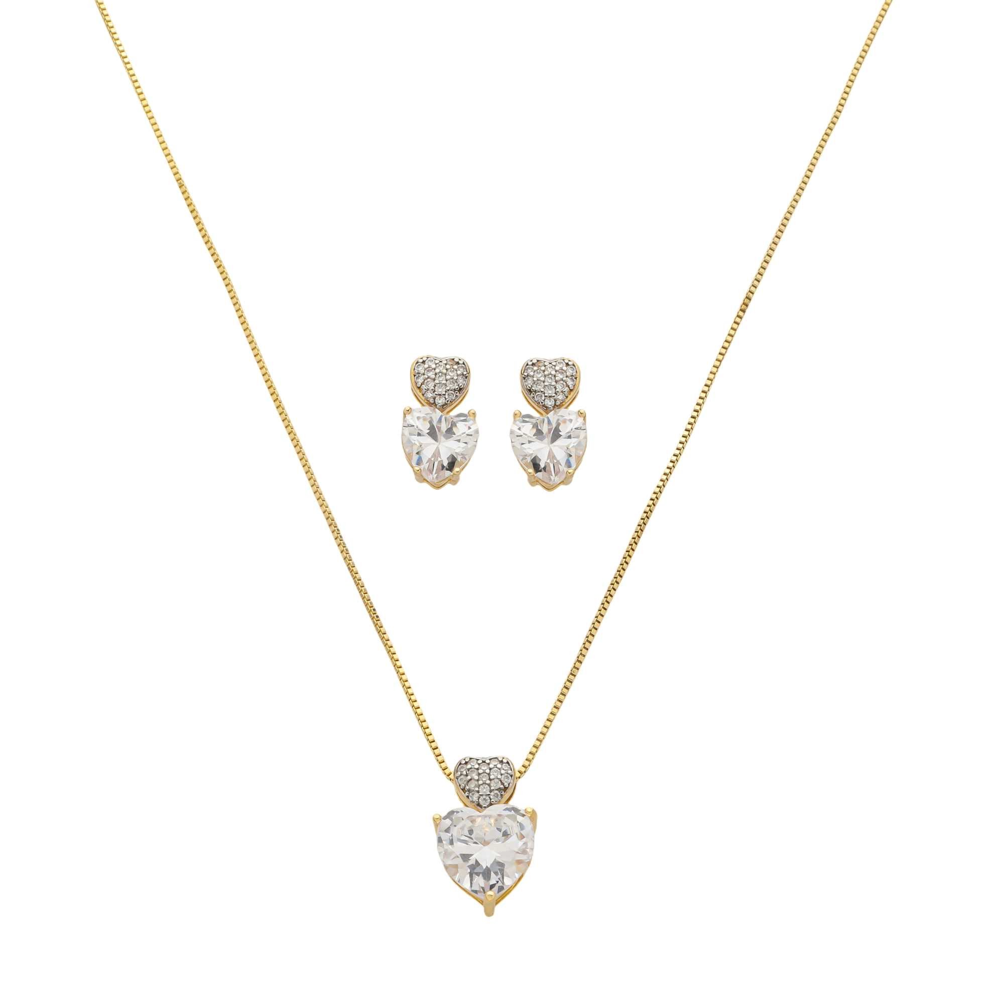 Conjunto Folheado a Ouro 18k Coração Transparente Cravejado