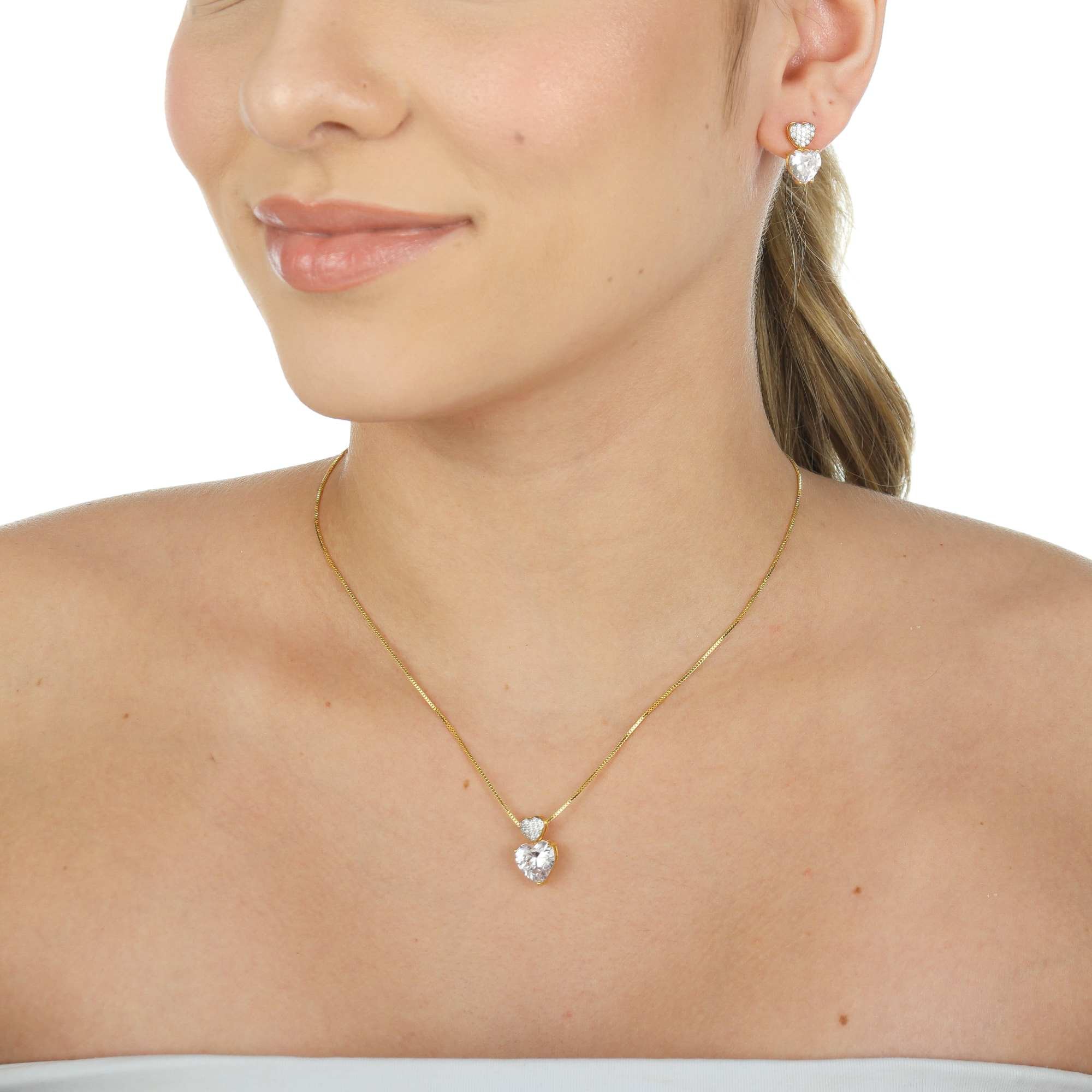 Conjunto Folheado a Ouro 18k Coração Transparente Cravejado Ouro 18K 2