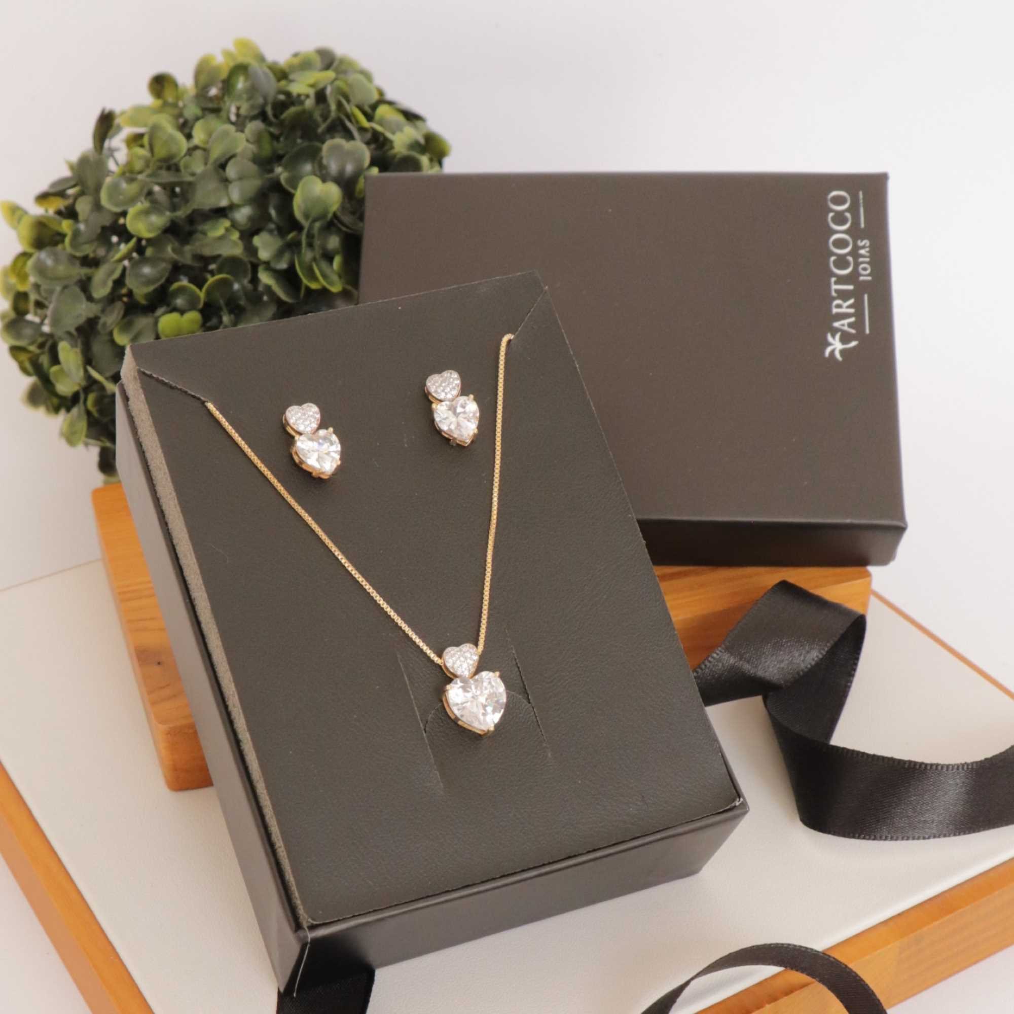 Conjunto Folheado a Ouro 18k Coração Transparente Cravejado Ouro 18K 3