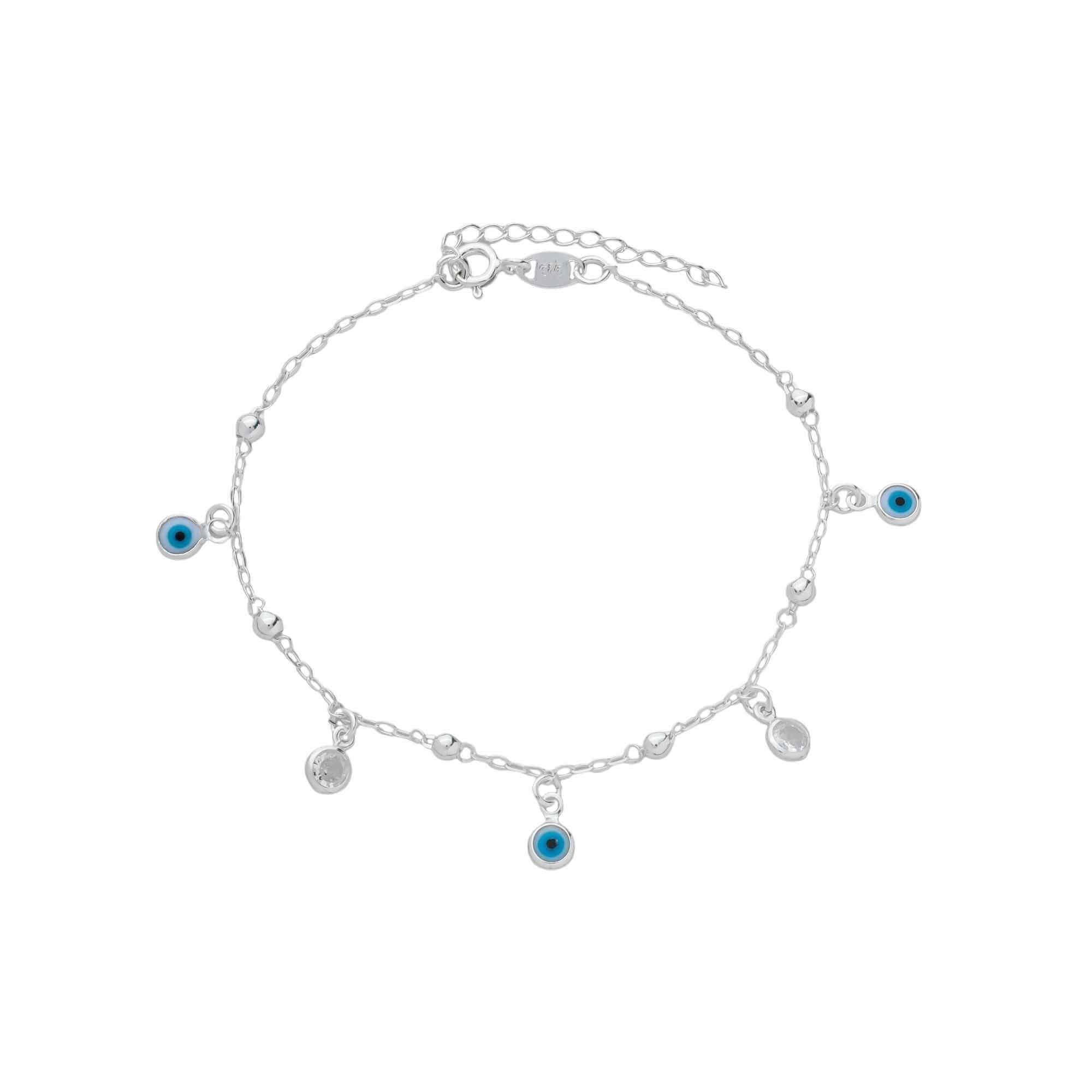 Pulseira Prata 925 Pingentes Olho Grego e Pontos de Luz