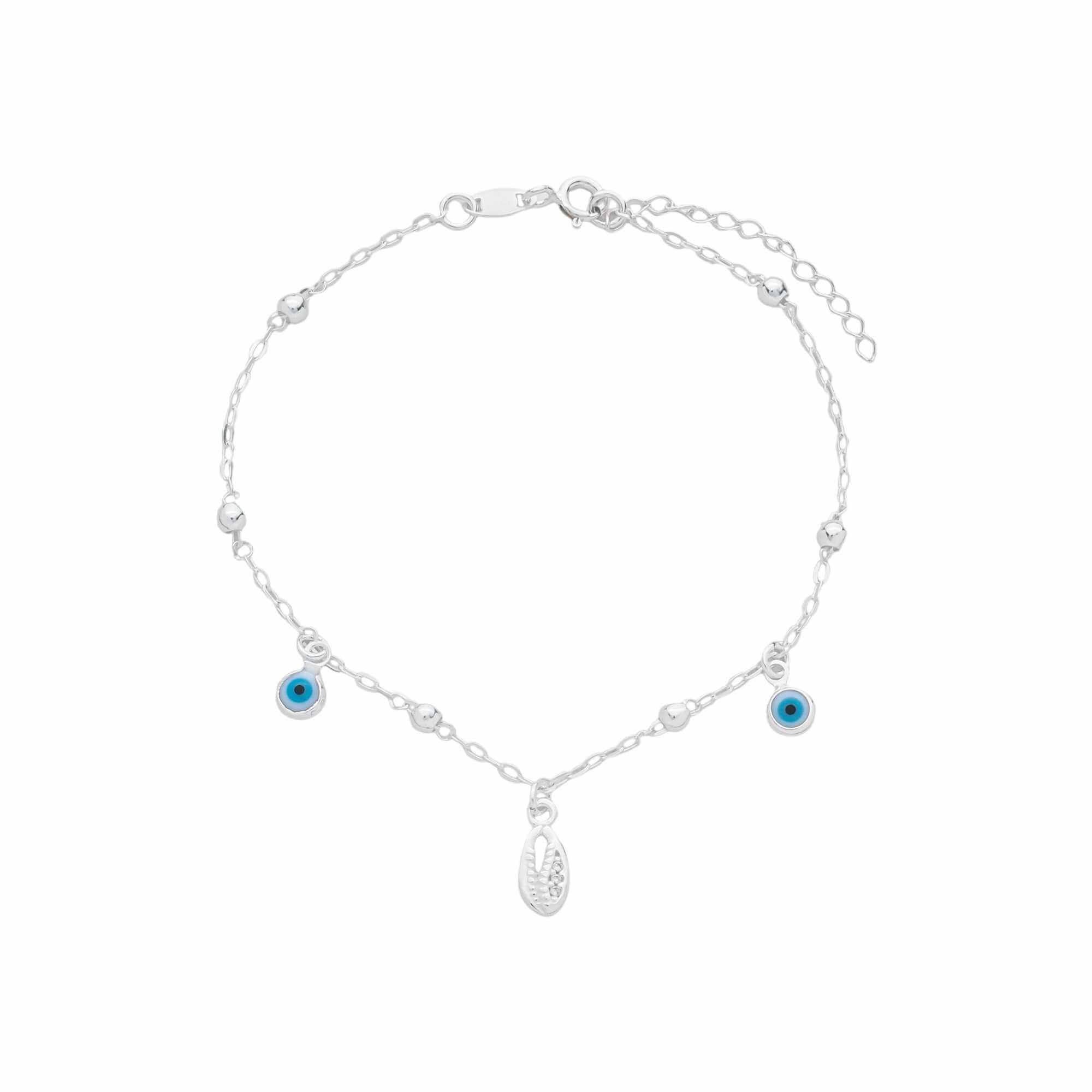Pulseira Prata 925 Pingente Búzio e Olho Grego