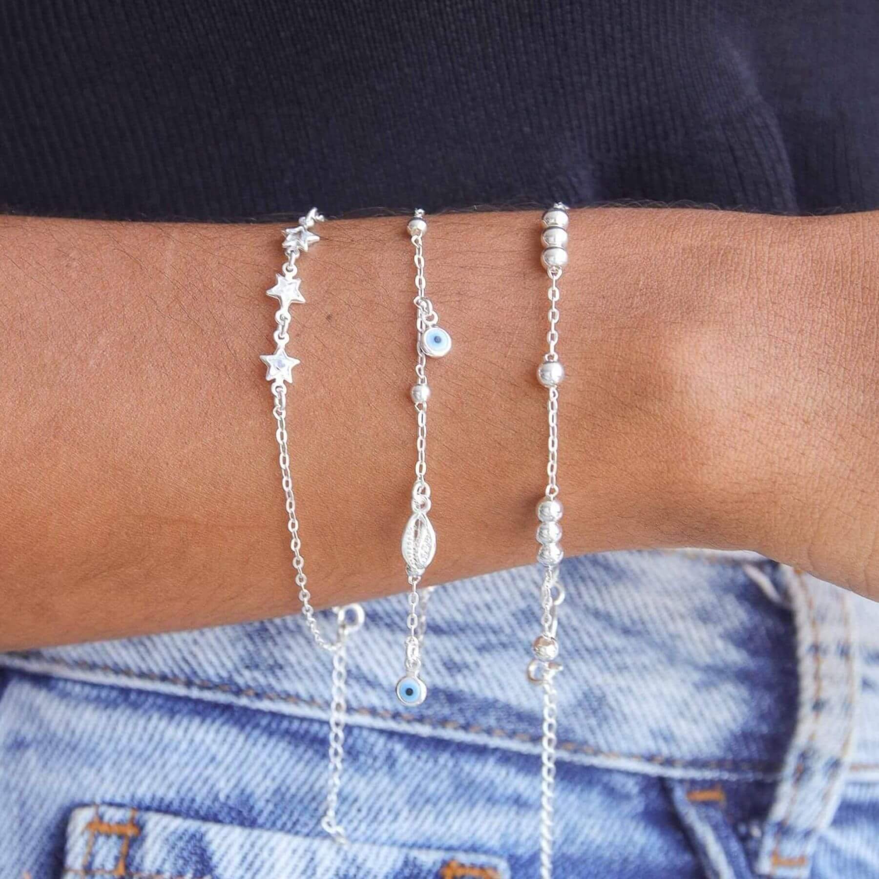 Pulseira Prata 925 Pingente Búzio e Olho Grego Prata 2