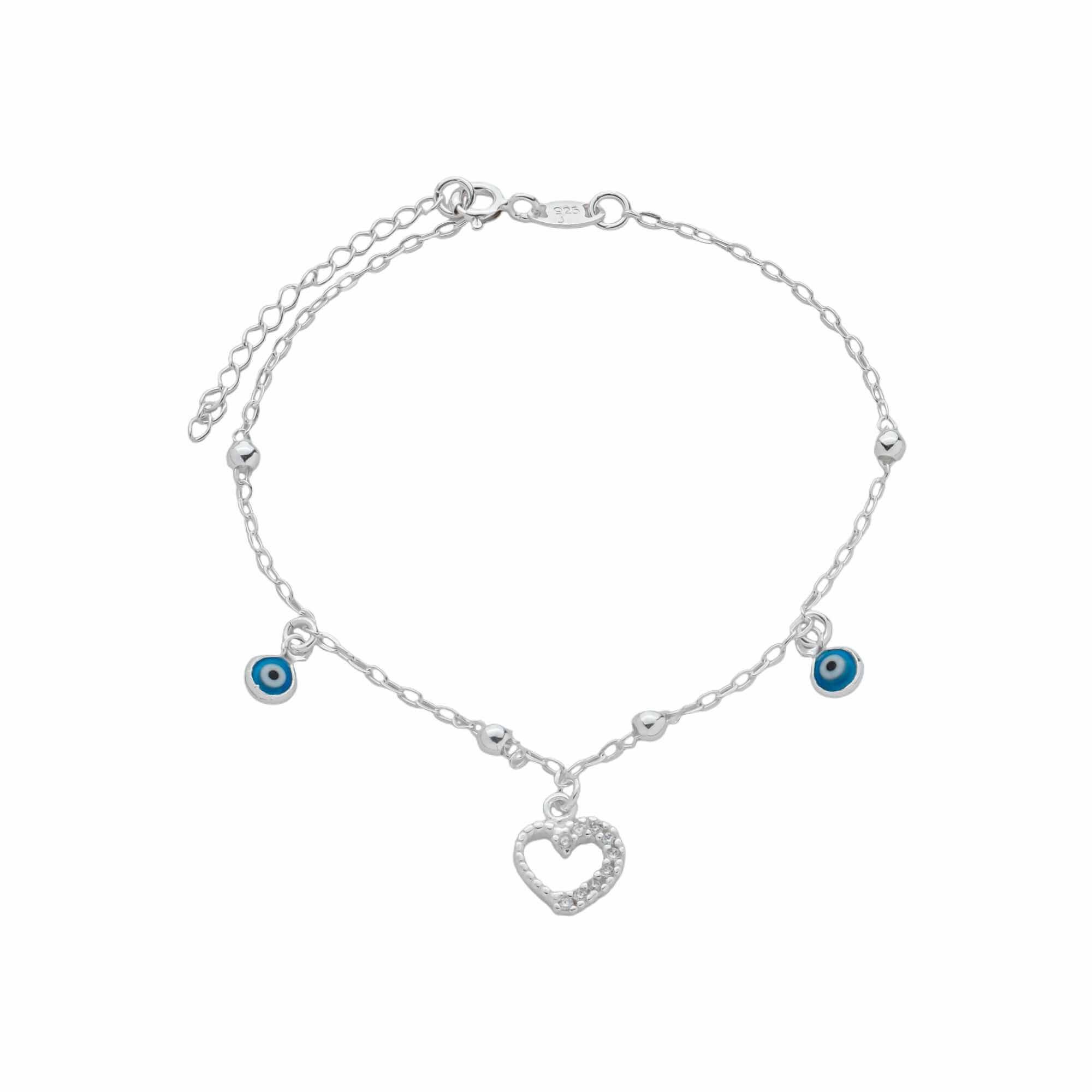 Pulseira Prata 925 Pingente Coração Cravejado e Olho Grego