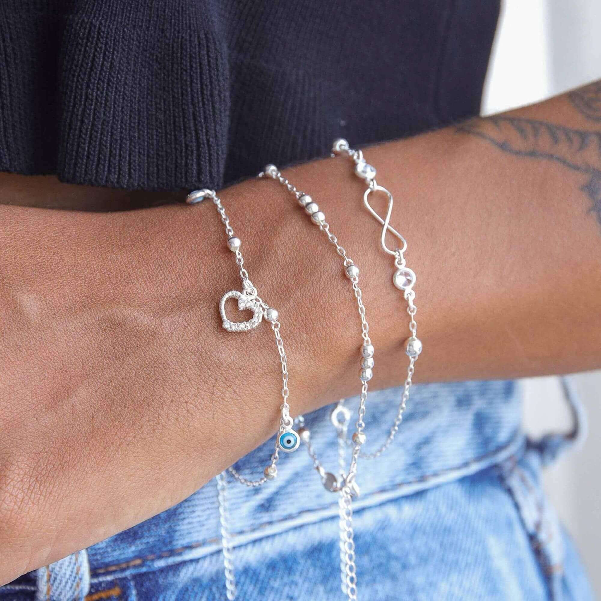 Pulseira Prata 925 Pingente Coração Cravejado e Olho Grego Prata 2