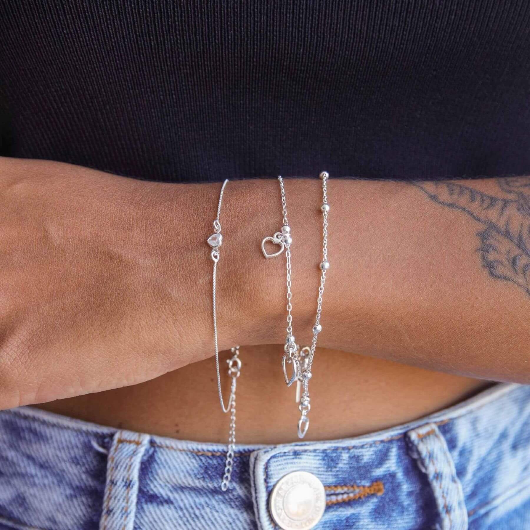 Pulseira Prata 925 Pingentes Corações Vazados Prata 2