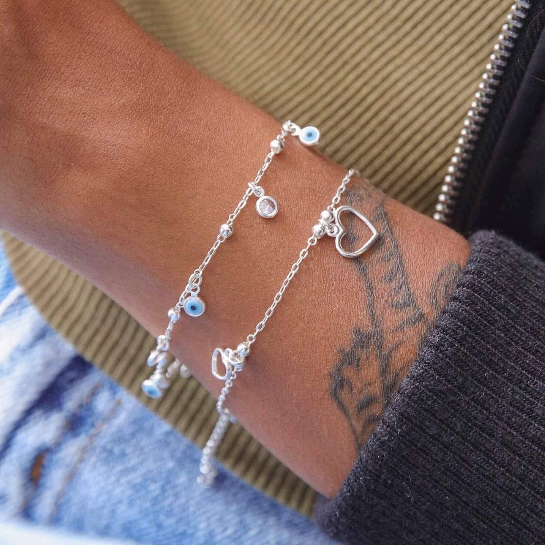 Pulseira Prata 925 Pingentes Corações Vazados Prata 3