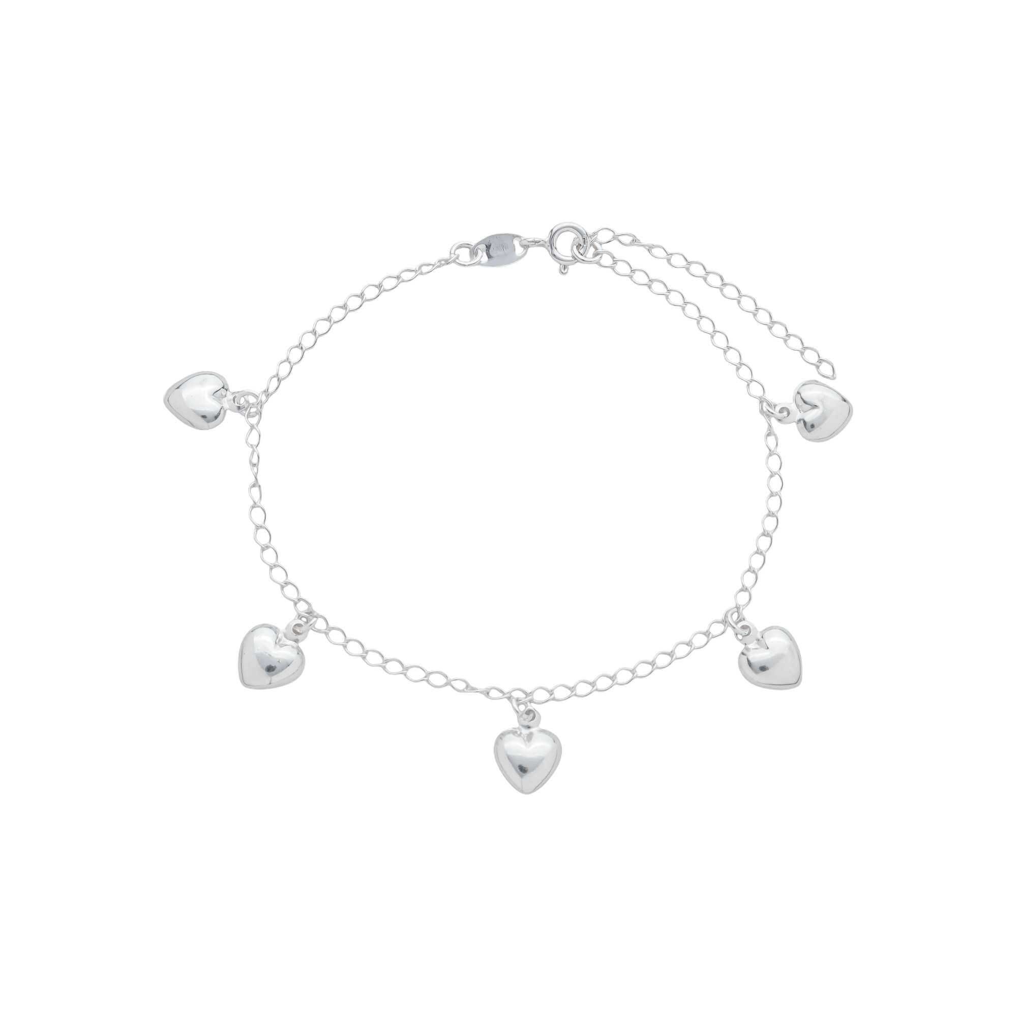 Pulseira Prata 925 Pingentes Corações Lisos