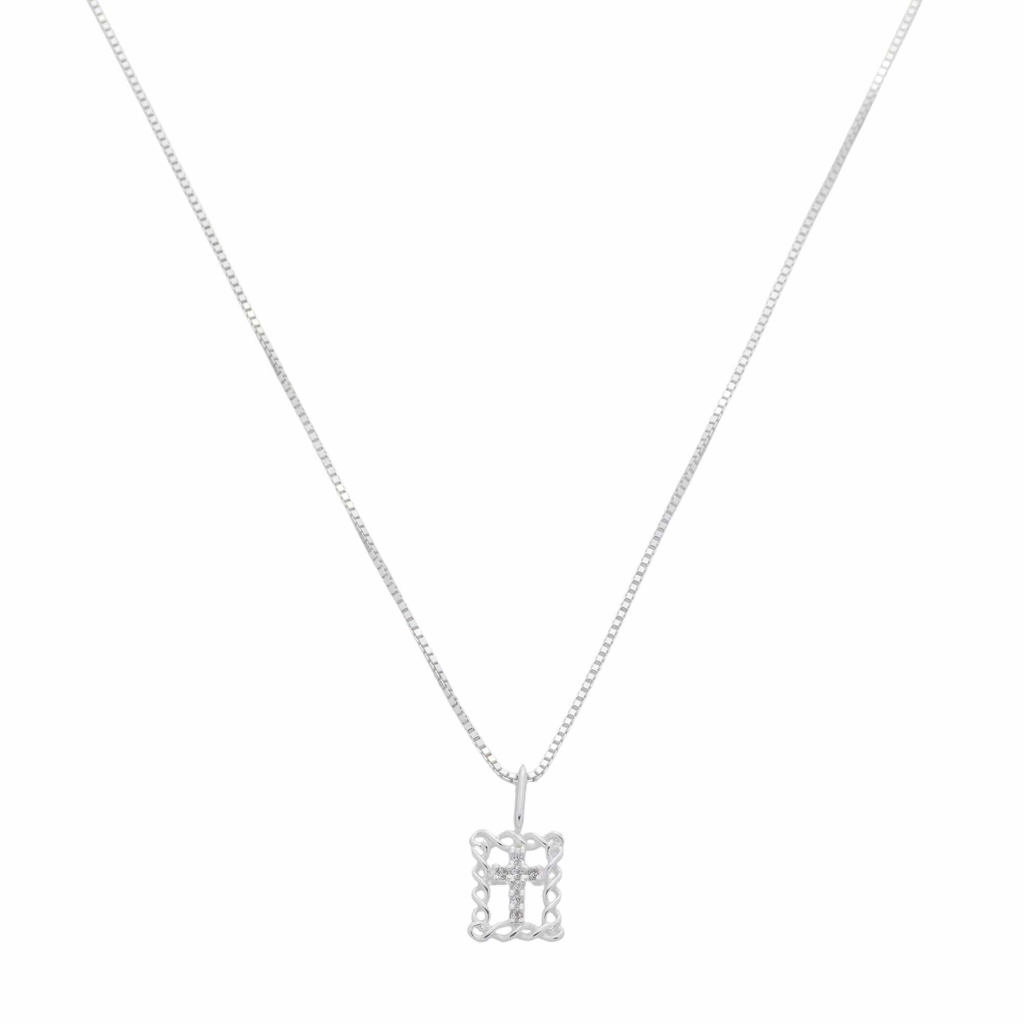 Colar Prata 925 Pingente Crucifixo Cravejado Borda Detalhes