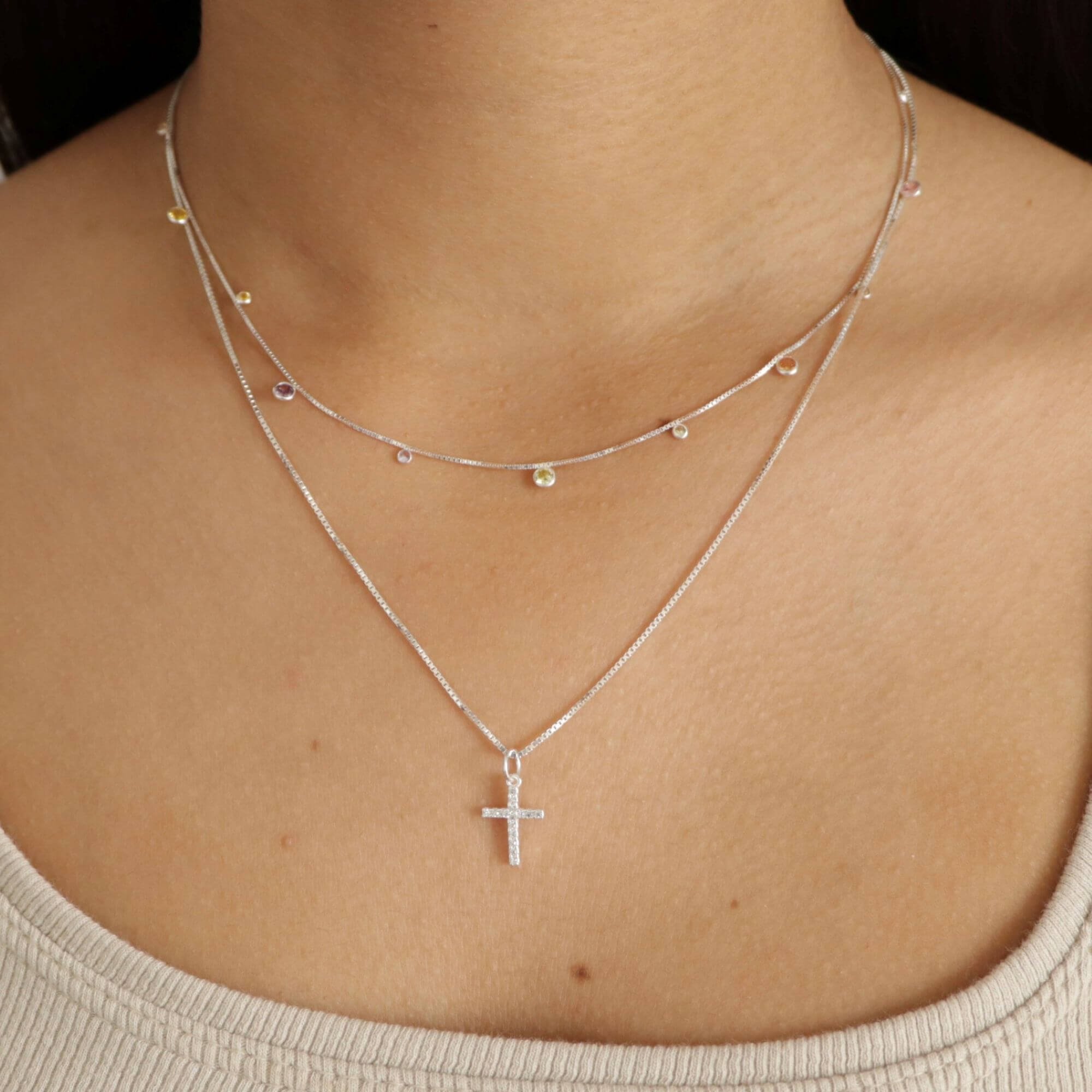 Colar Prata 925 Pingente Fino Crucifixo Cravejado P Prata 7