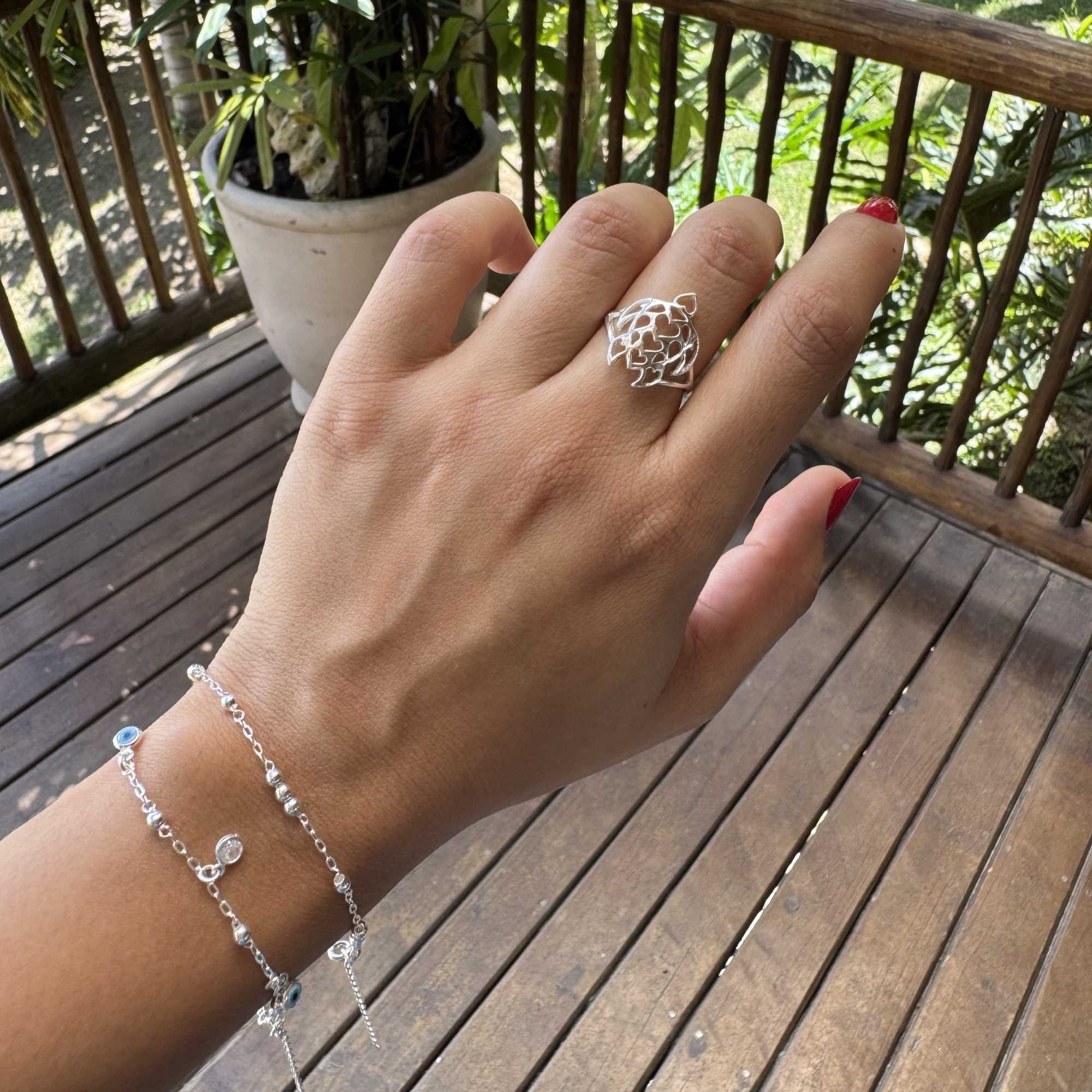 Anel Prata 925 Tartaruga e Detalhes Corações Prata 925 9